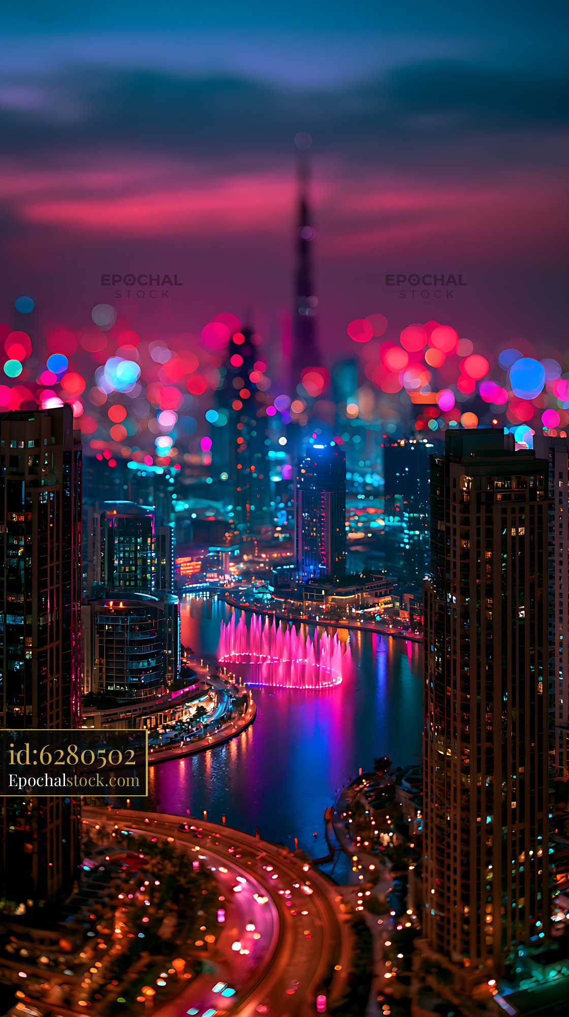 Watermarked full-resolution preview of Vibrant city waterfront and fountain at night