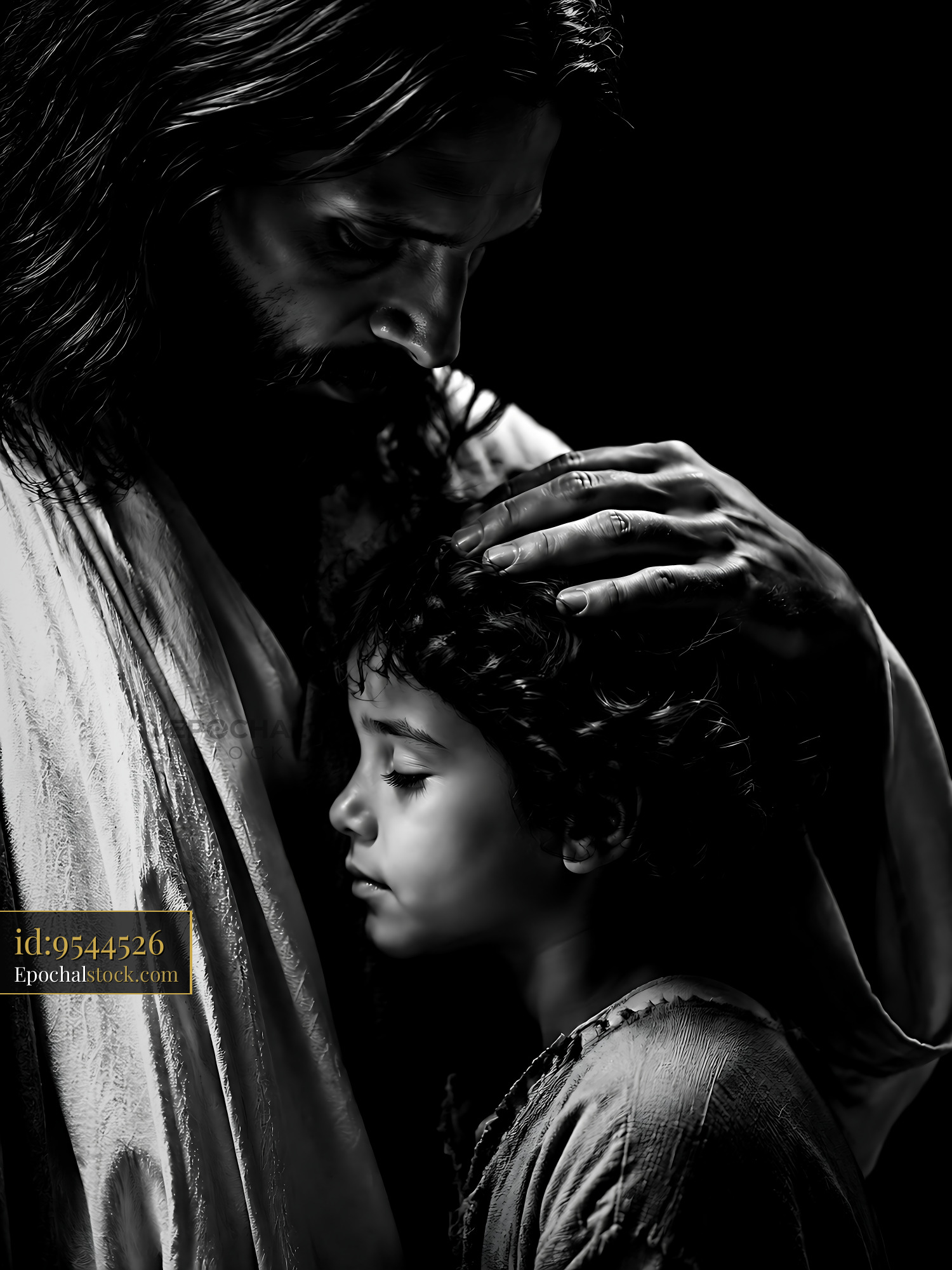 Watermarked full-resolution preview of Father and child embrace in dark setting