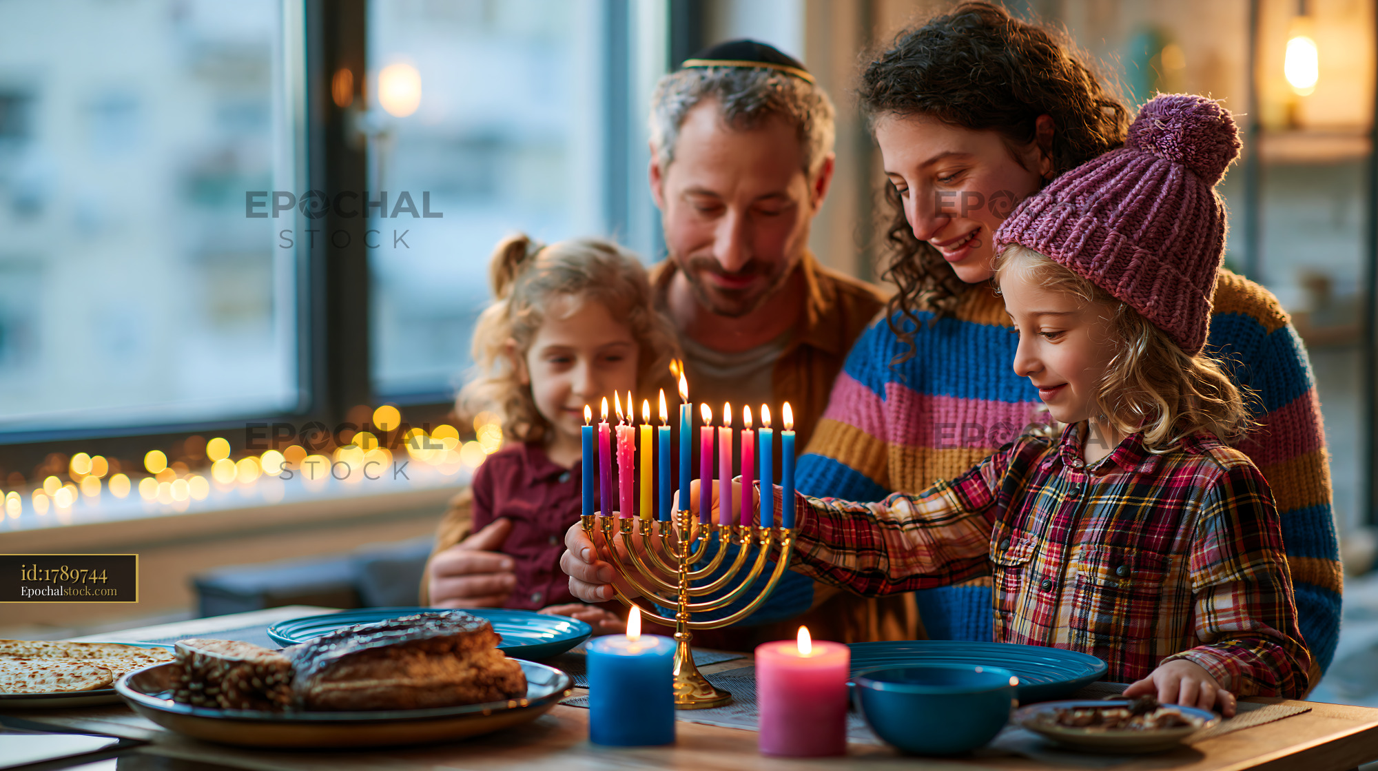 Watermarked full-resolution preview of Family celebrates a holiday together lighting candles at home