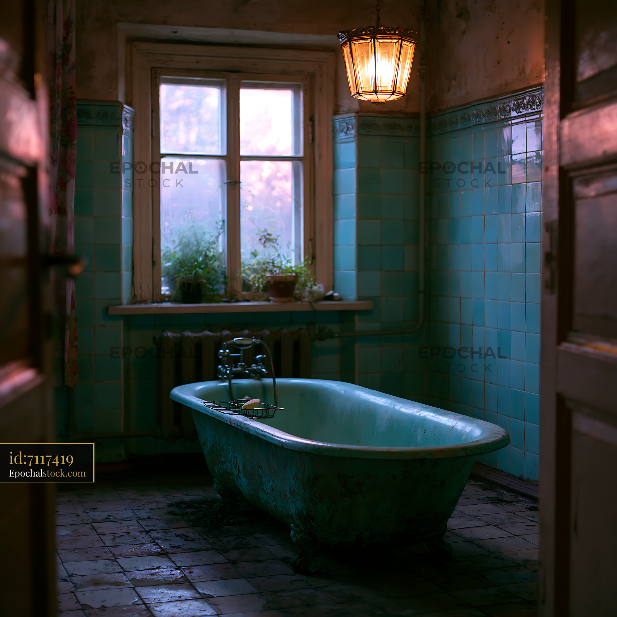 Watermarked full-resolution preview of Old bathroom with a vintage bathtub and window in natural light