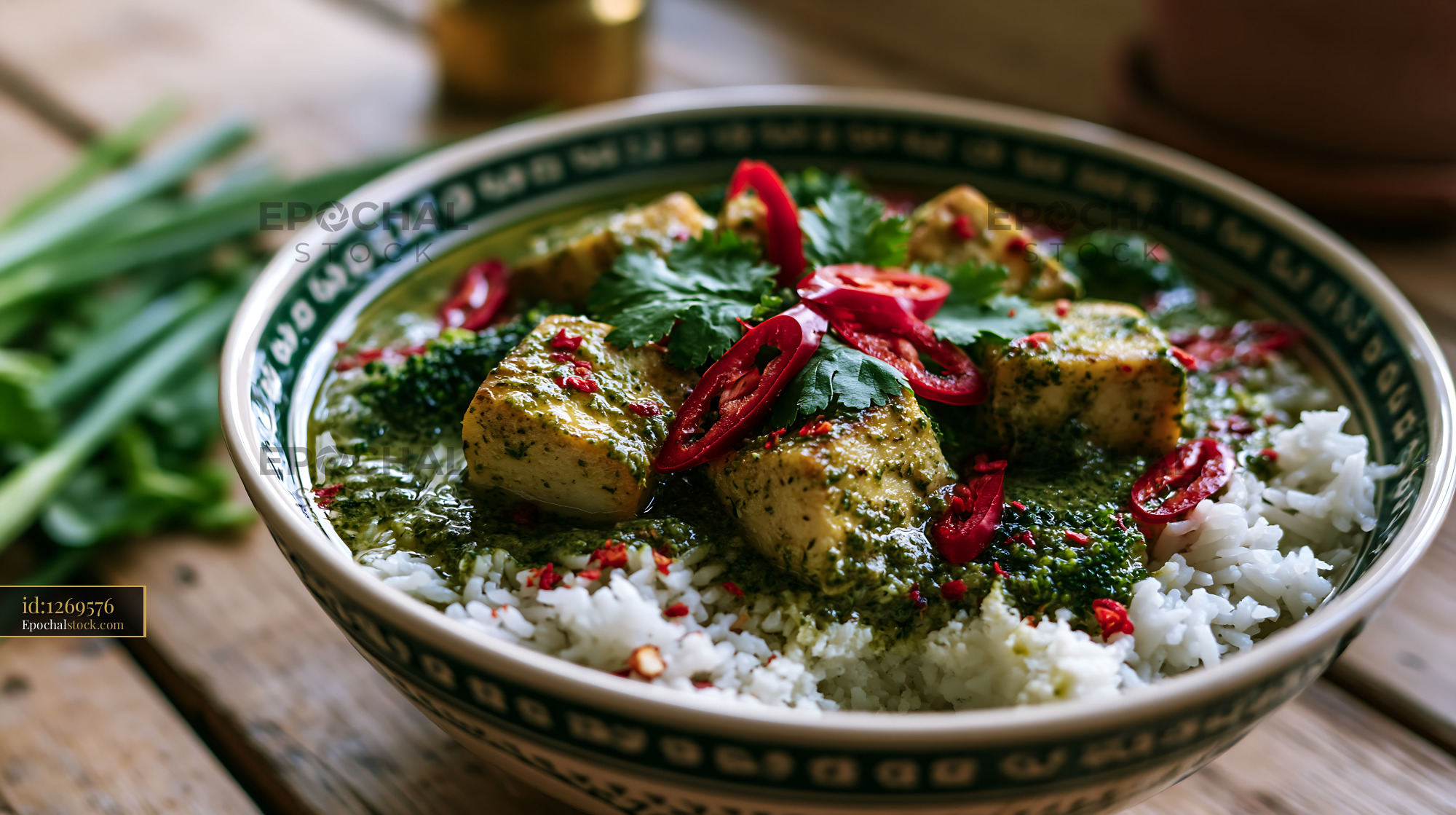 Watermarked full-resolution preview of Delicious bowl of rice topped with green curry and tofu