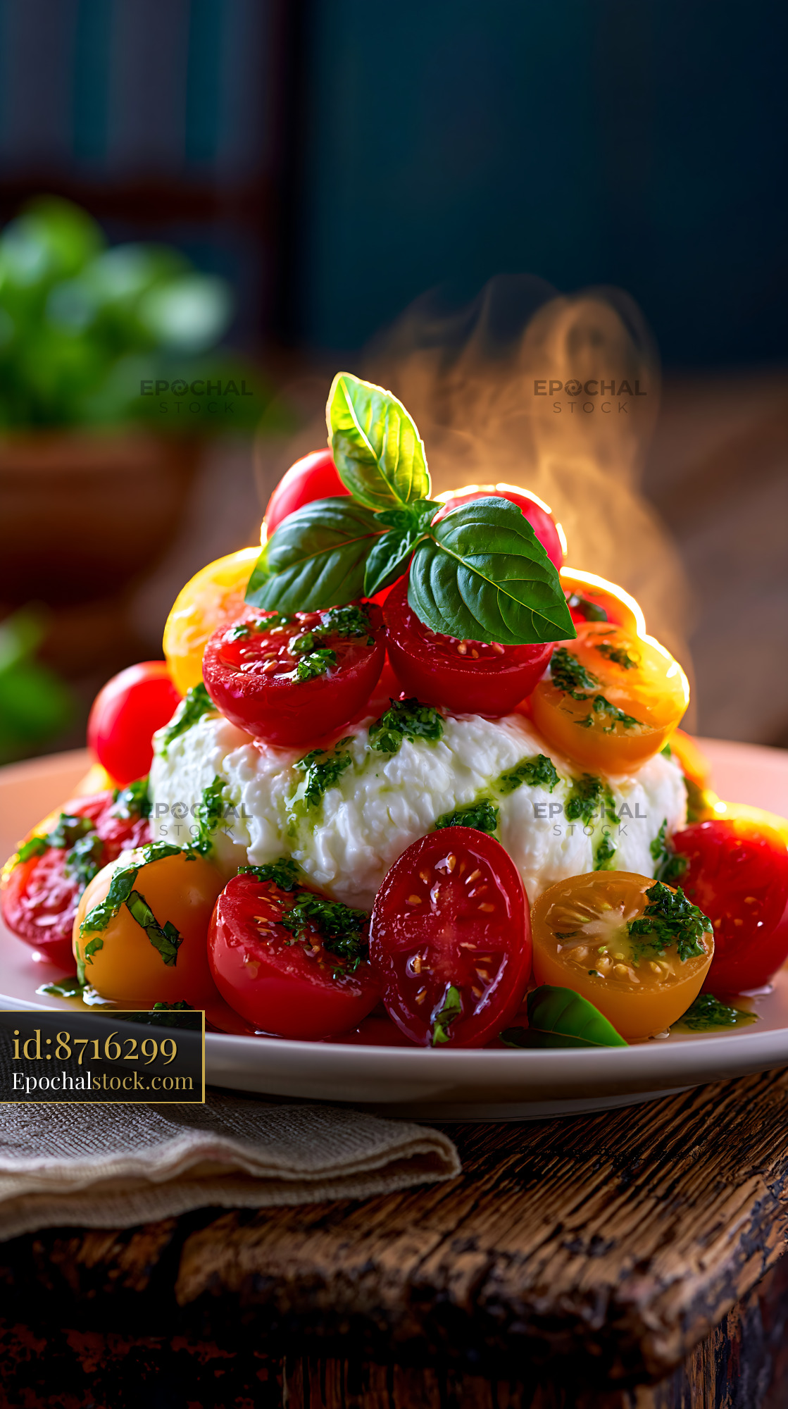 Watermarked full-resolution preview of Fresh mozzarella with cherry tomatoes and basil on a wooden table
