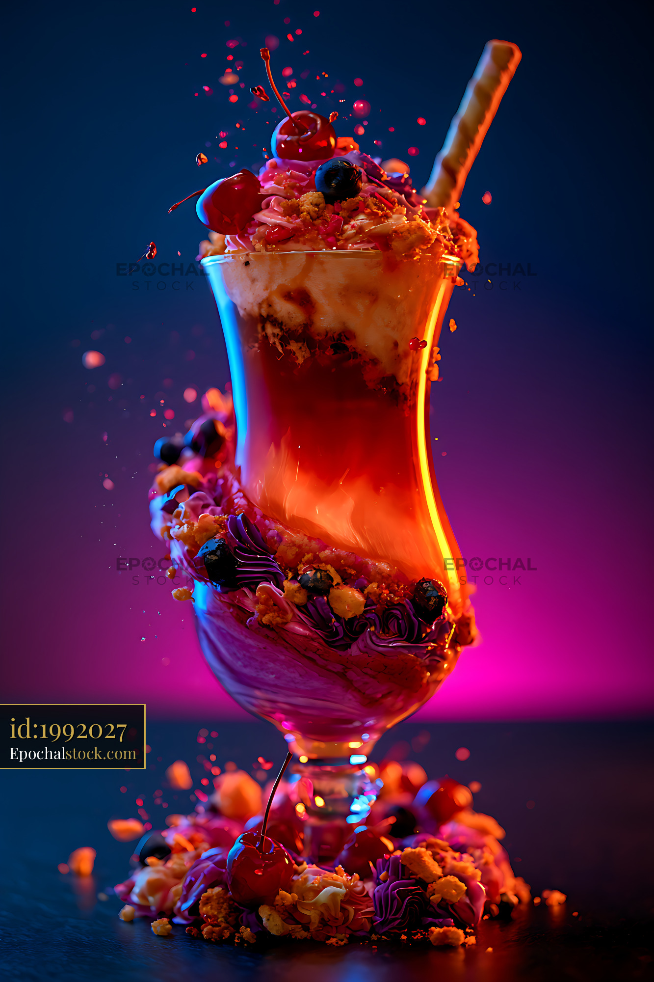 Watermarked full-resolution preview of Vibrant berry parfait with fruit toppings and dramatic splashes