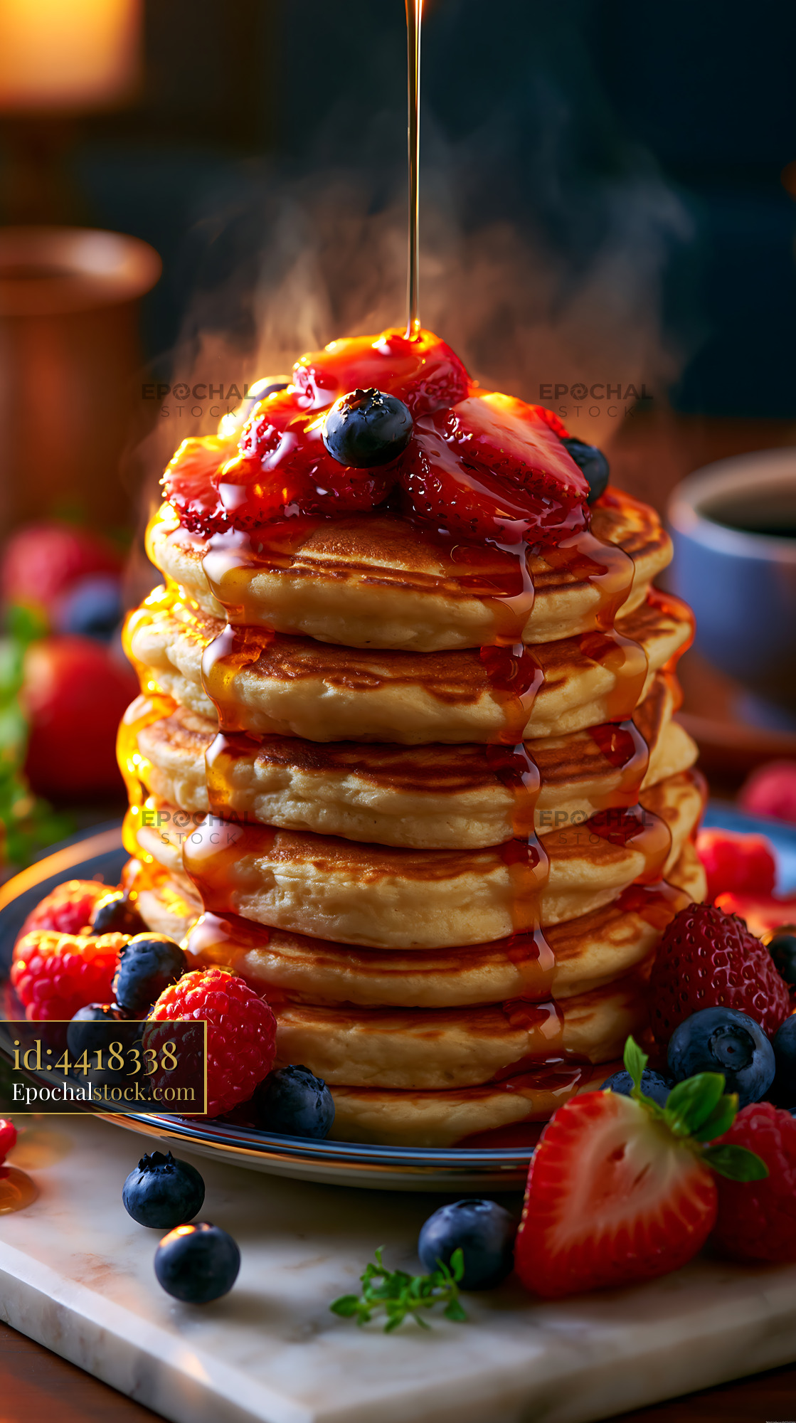 Watermarked full-resolution preview of Stack of pancakes topped with berries and syrup on a table