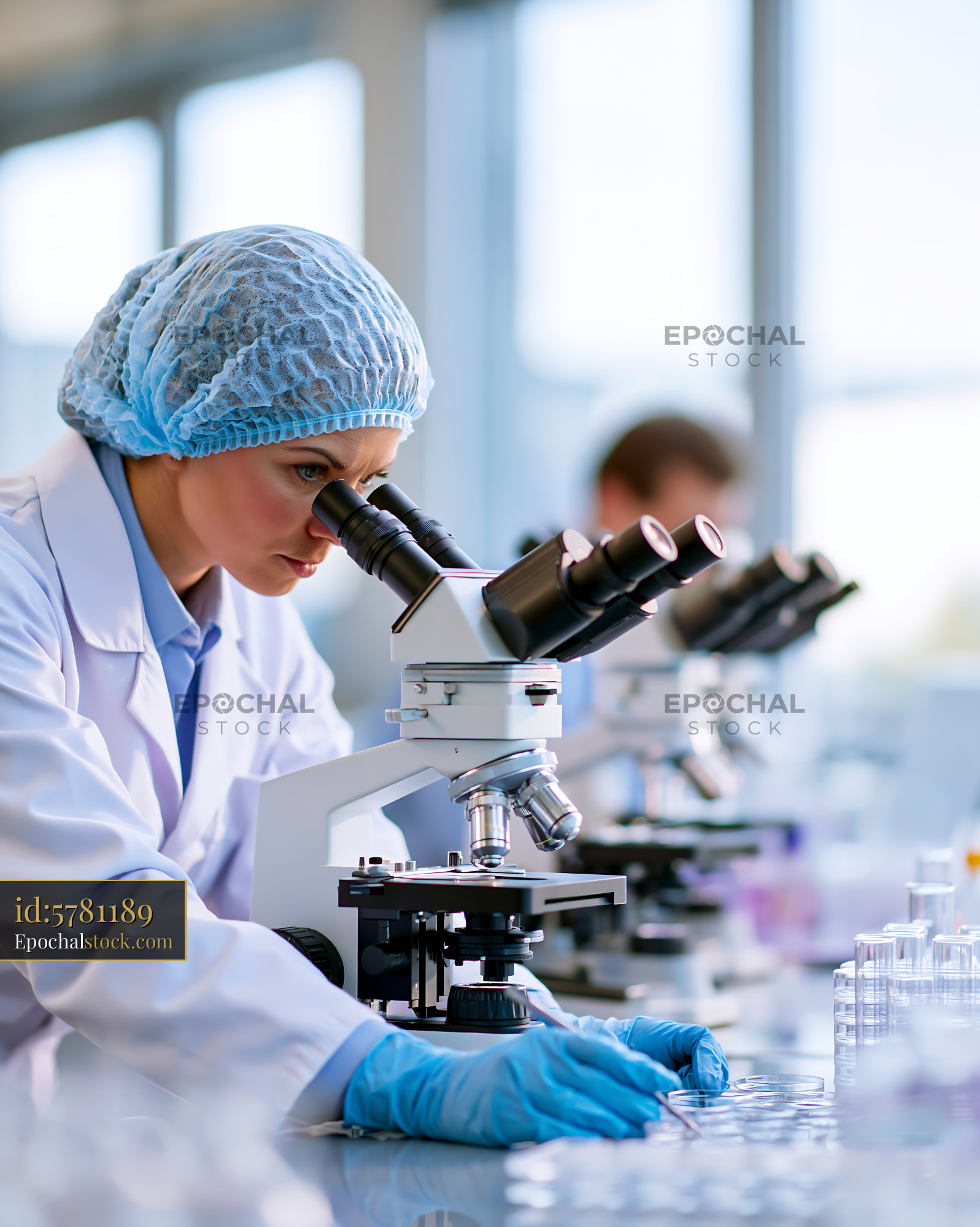 Watermarked full-resolution preview of Scientist working at a microscope in a modern laboratory