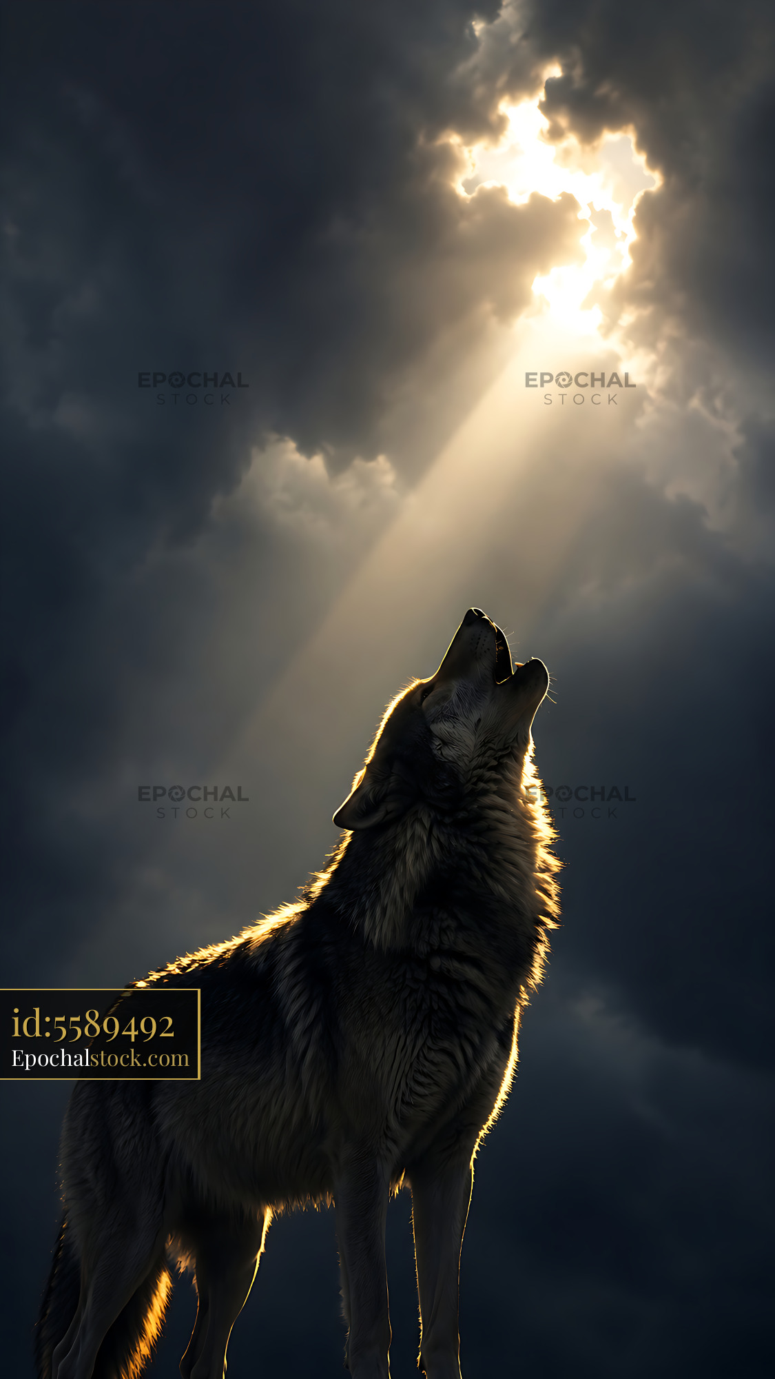 Watermarked full-resolution preview of Wolf howling under a beam of light in dark clouds