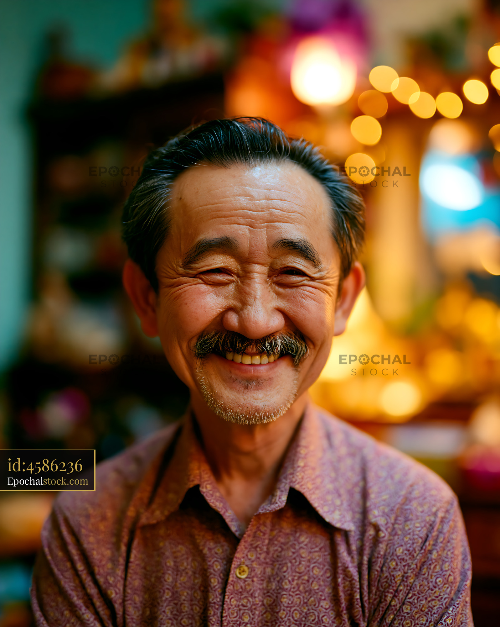 Watermarked full-resolution preview of Smiling older man in casual shirt with warm background