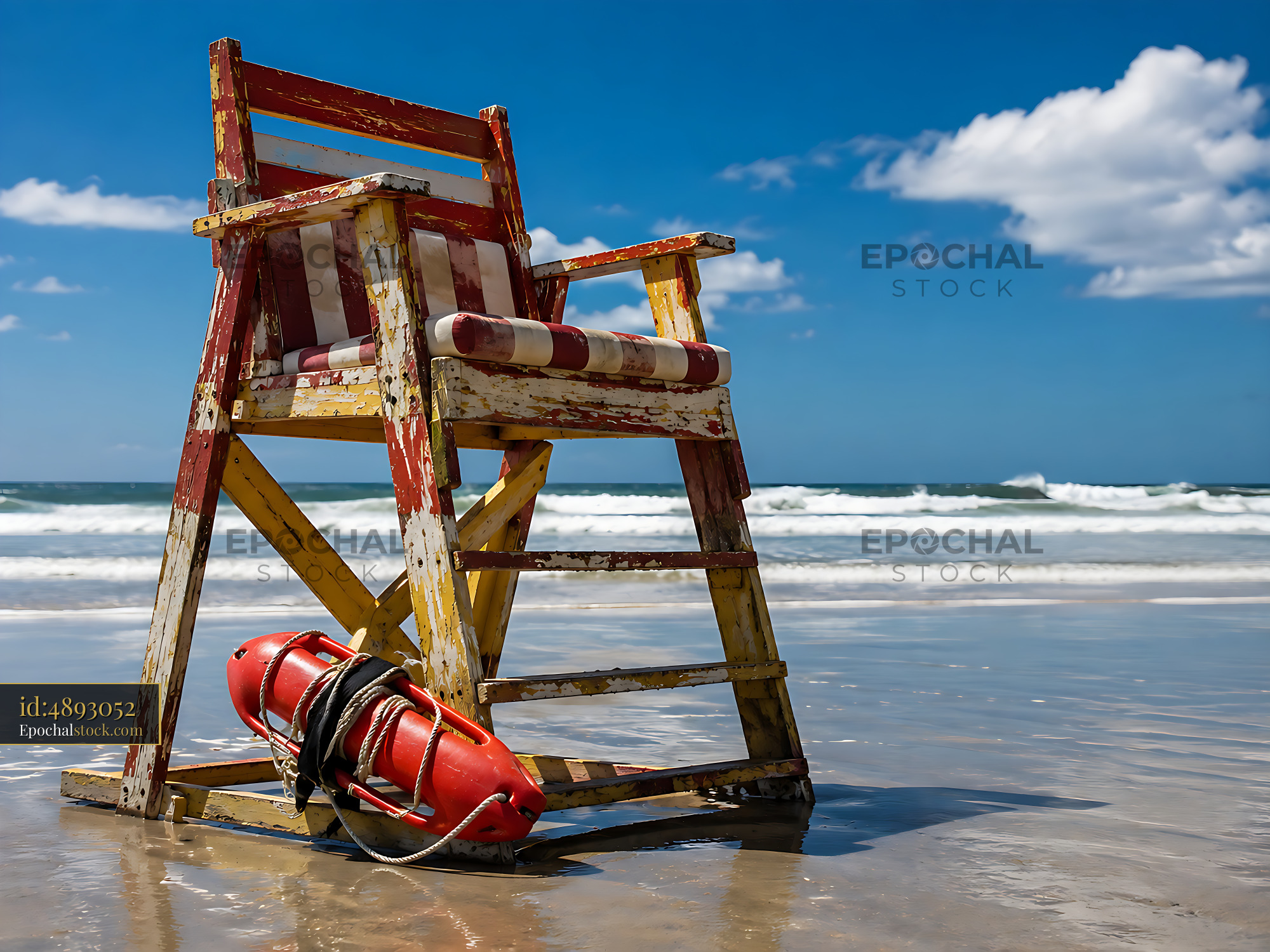 Watermarked full-resolution preview of Lifeguard chair by the ocean with a lifebuoy nearby