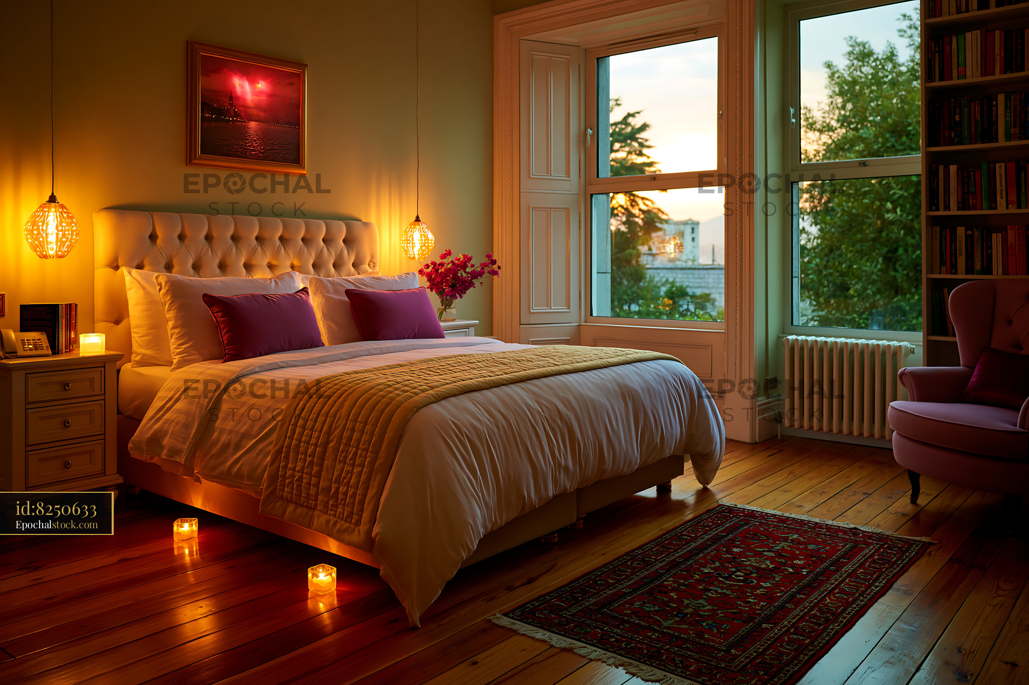 Watermarked full-resolution preview of Warm bedroom with large window and soft lighting at sunset