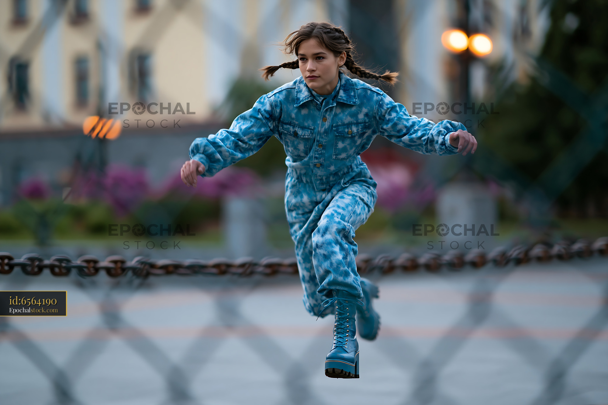 Watermarked full-resolution preview of Young person jumping in a blue outfit during evening in a park