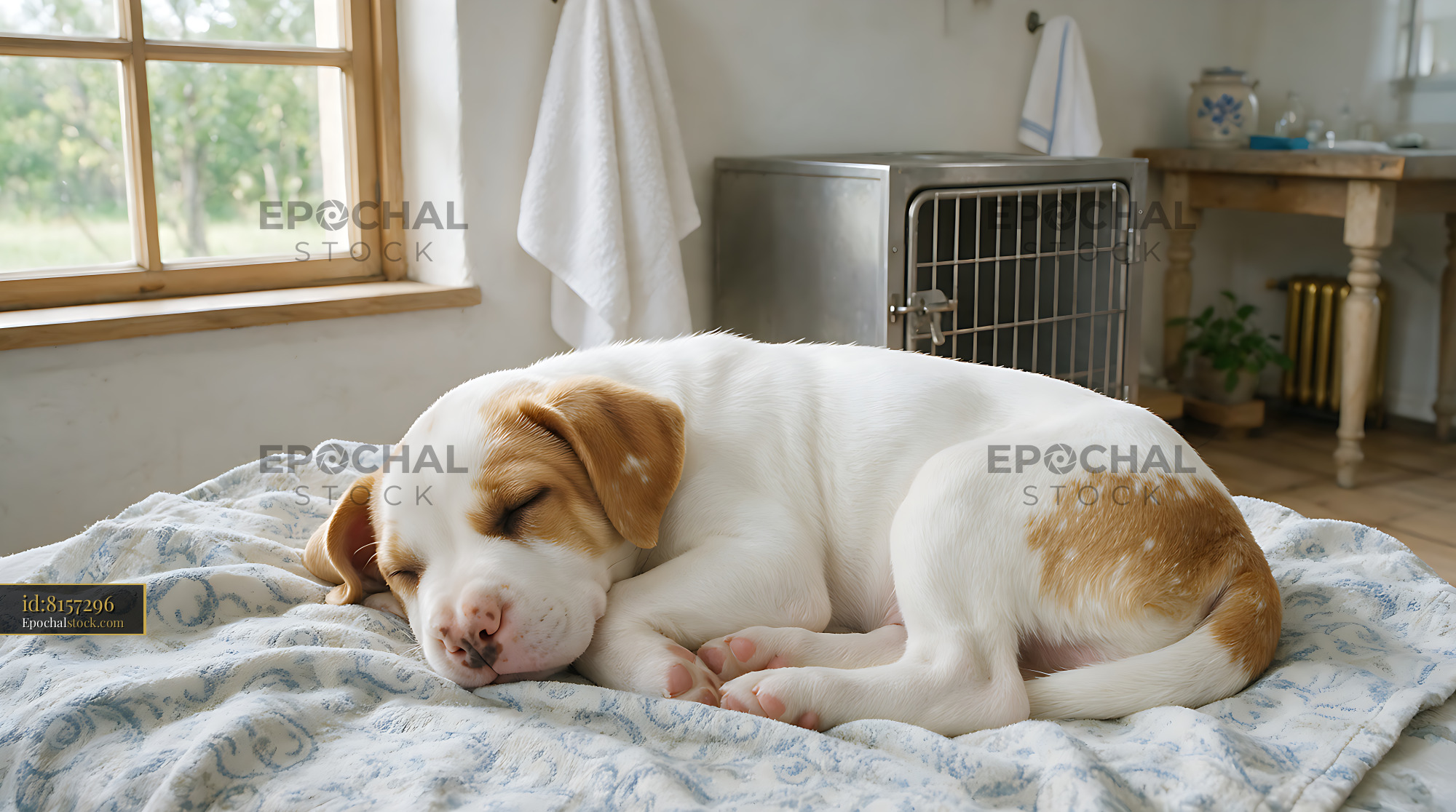 Watermarked full-resolution preview of White and brown puppy sleeping peacefully indoors