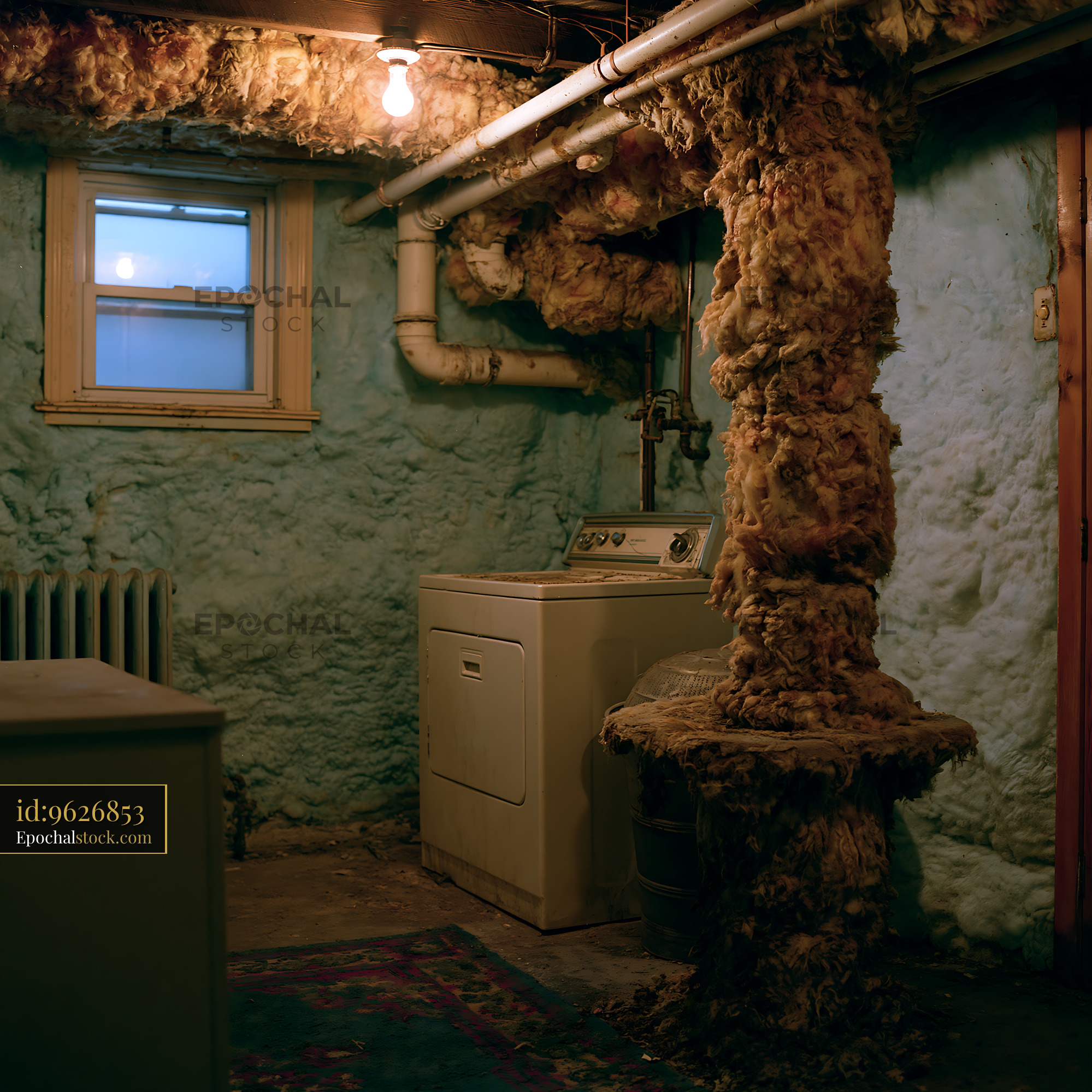 Watermarked full-resolution preview of Old basement with laundry area and insulation materials