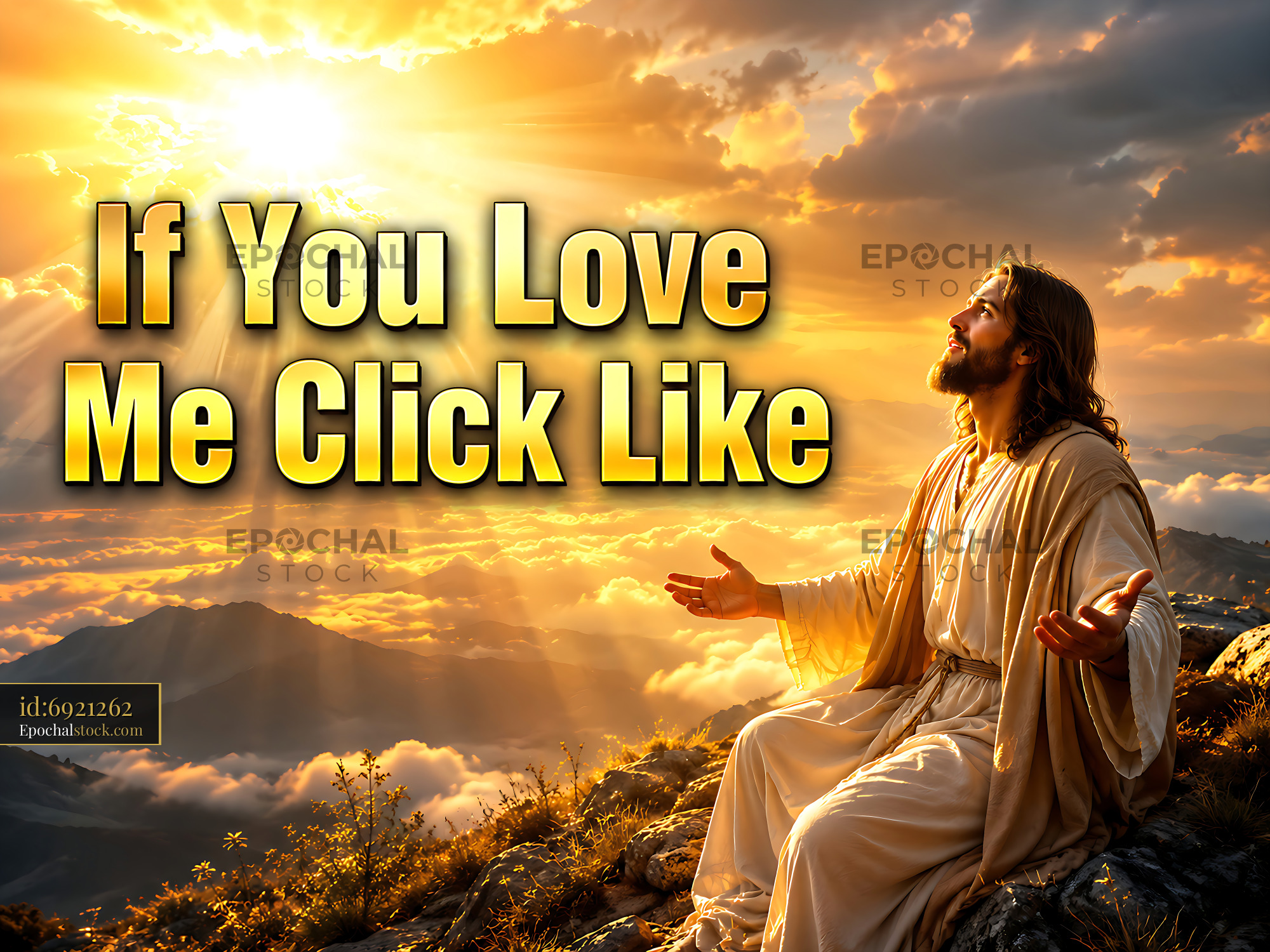 Watermarked full-resolution preview of Jesus with open arms under sunlight in a mountainous landscape