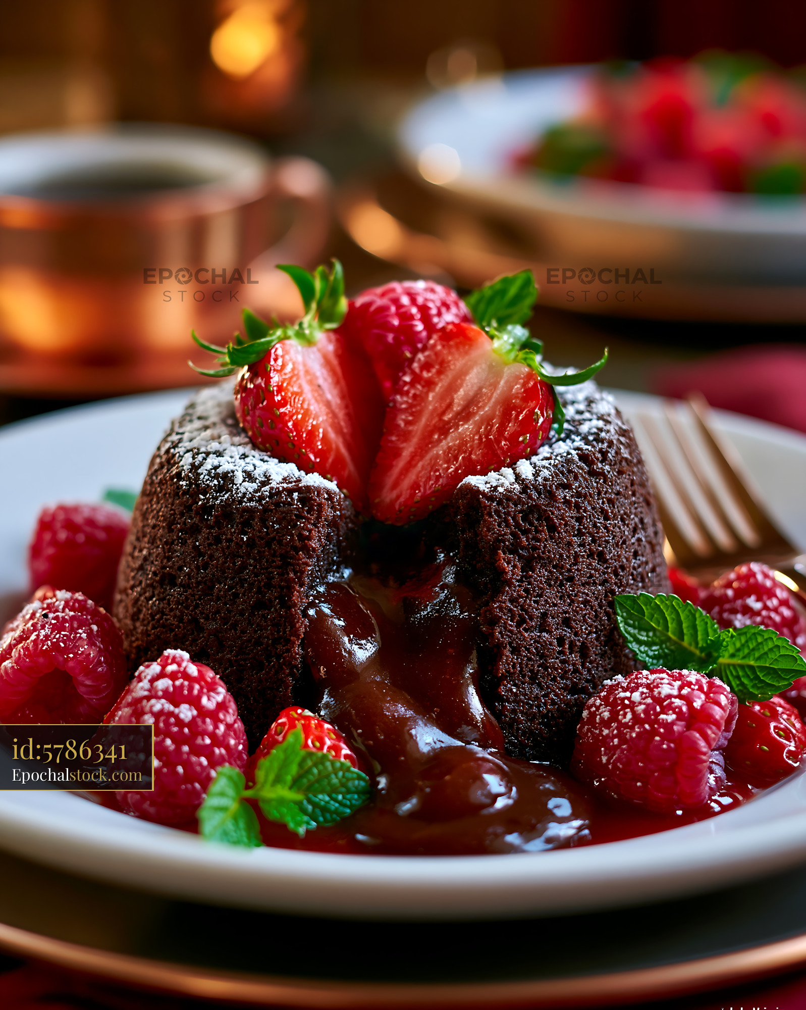 Watermarked full-resolution preview of Chocolate dessert with fresh berries on a white plate