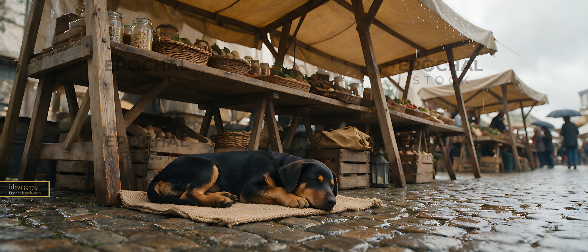 Watermarked full-resolution preview of Sleeping puppy beneath a market stall in the rain