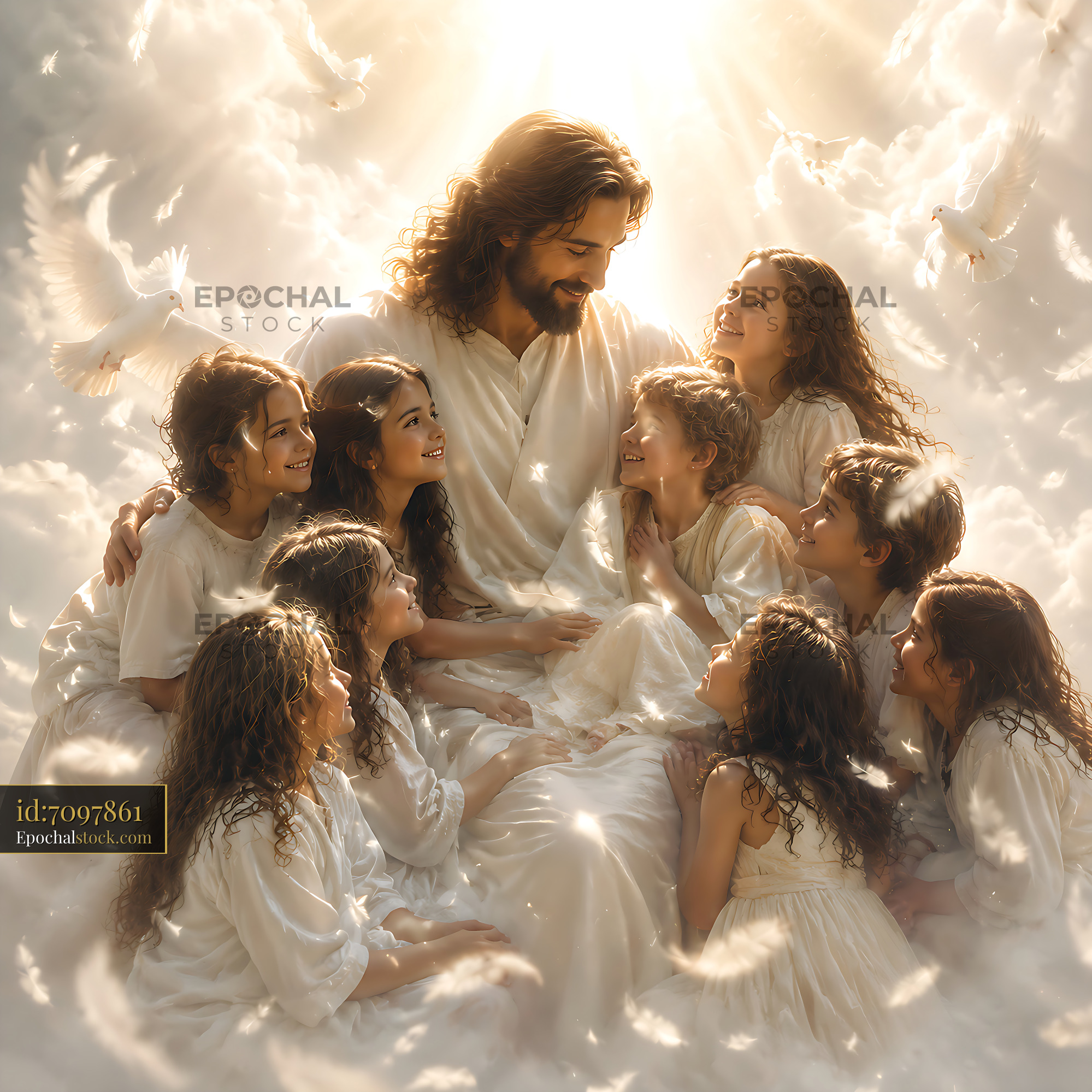 Watermarked full-resolution preview of Children gathered around figure in white robes