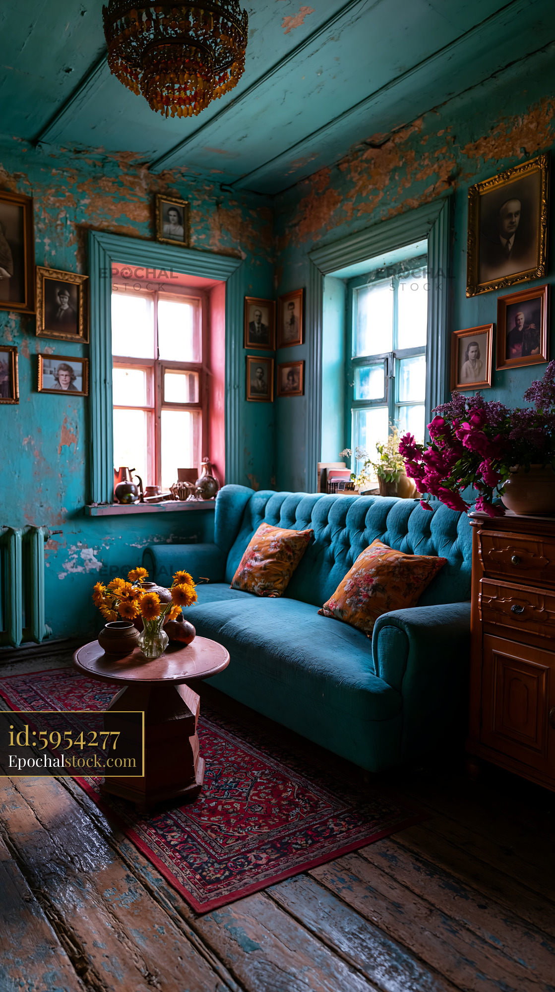 Watermarked full-resolution preview of Cozy vintage living room with blue walls and natural light