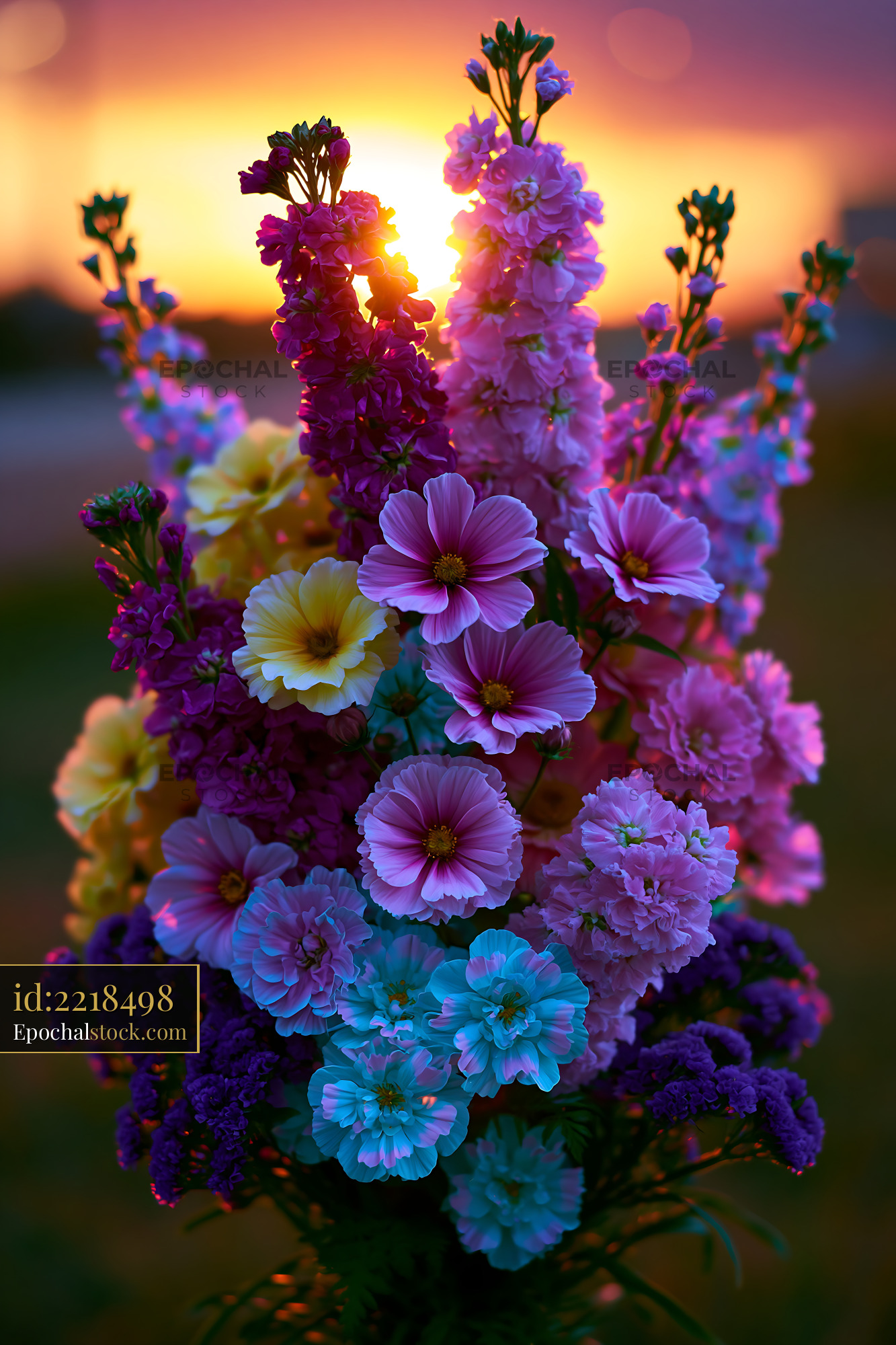 Watermarked full-resolution preview of Colorful flower bouquet with sunset background