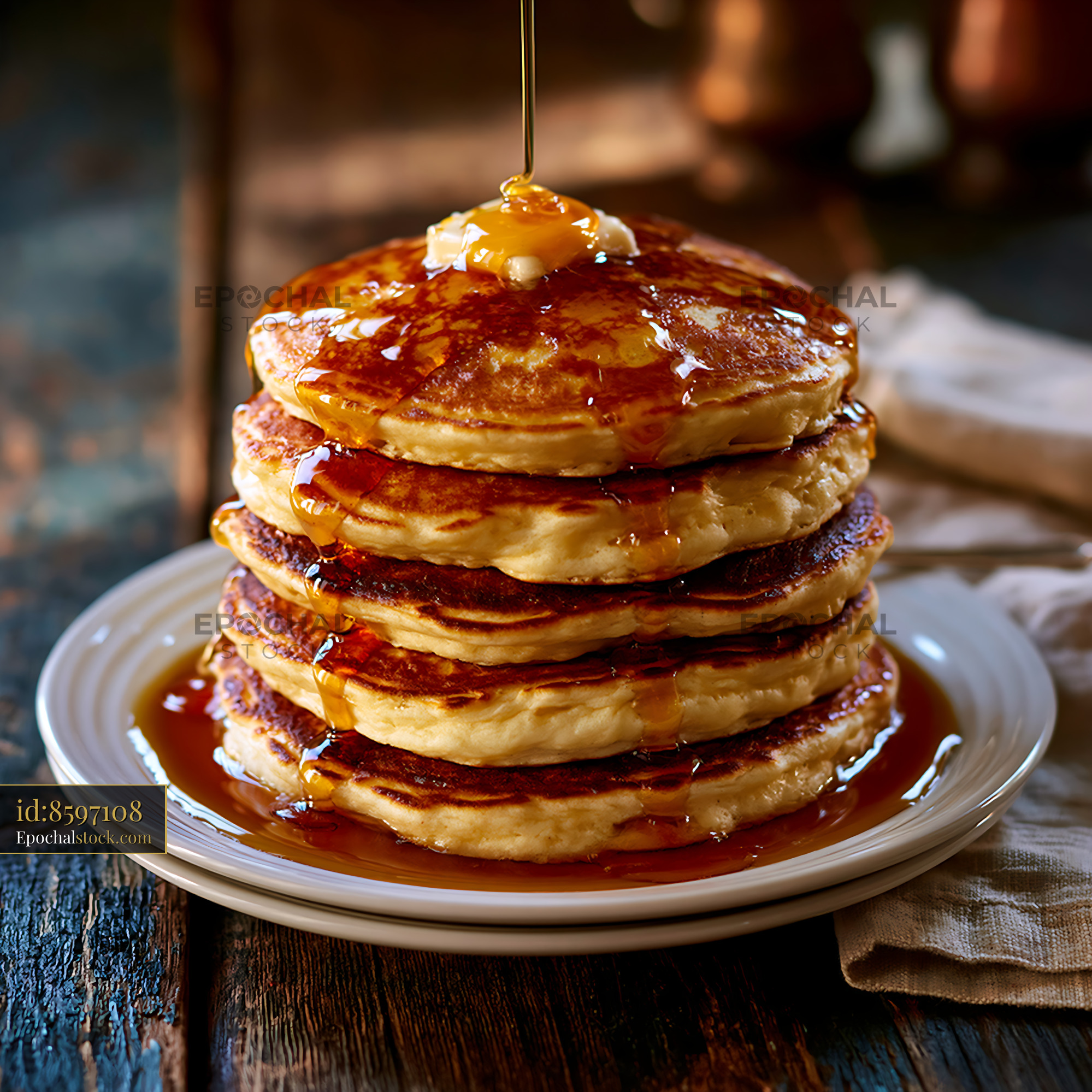 Watermarked full-resolution preview of Stack of pancakes with syrup and butter on a wooden table