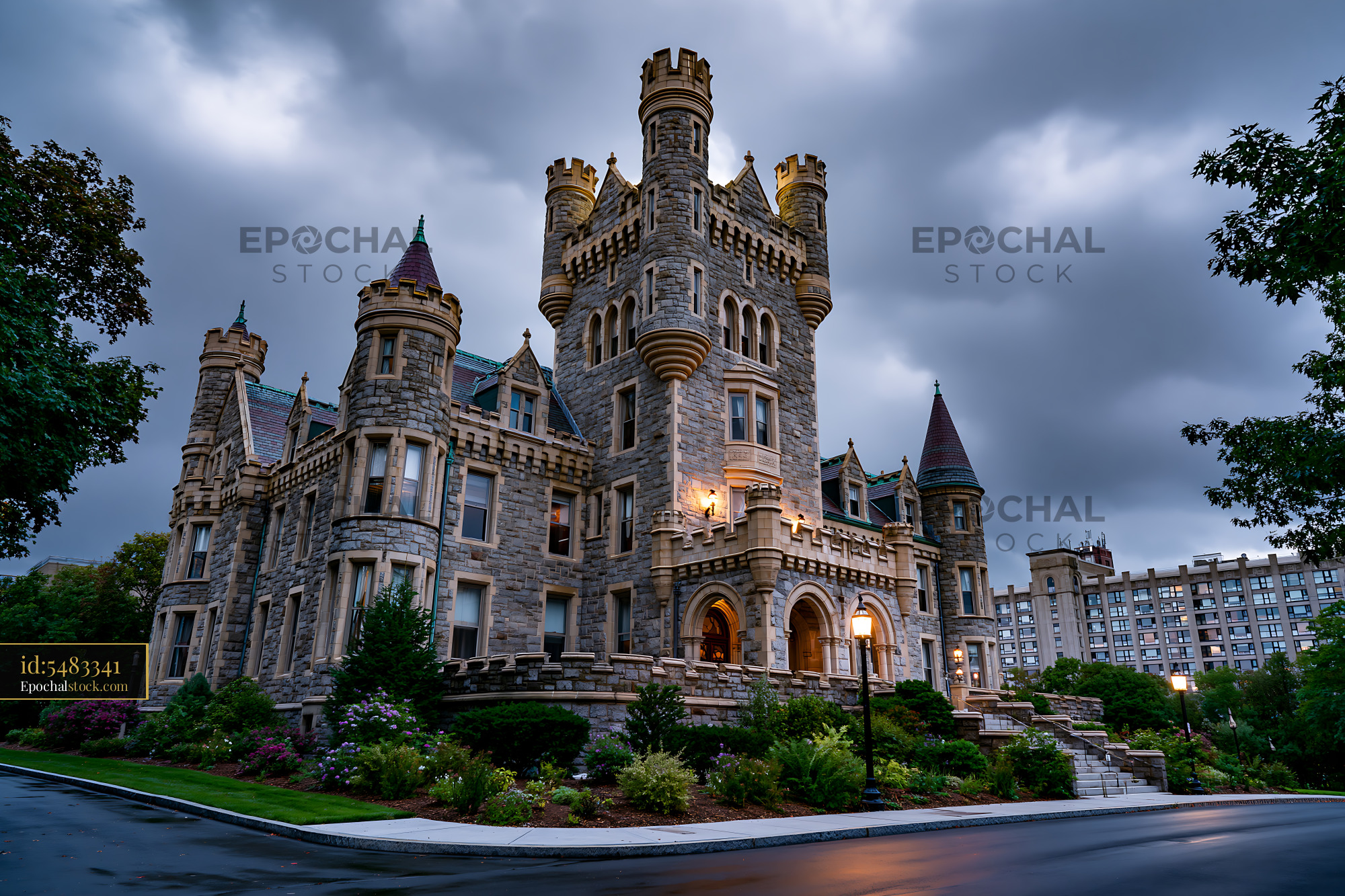 Watermarked full-resolution preview of Historic castle with turrets on a cloudy day in the city