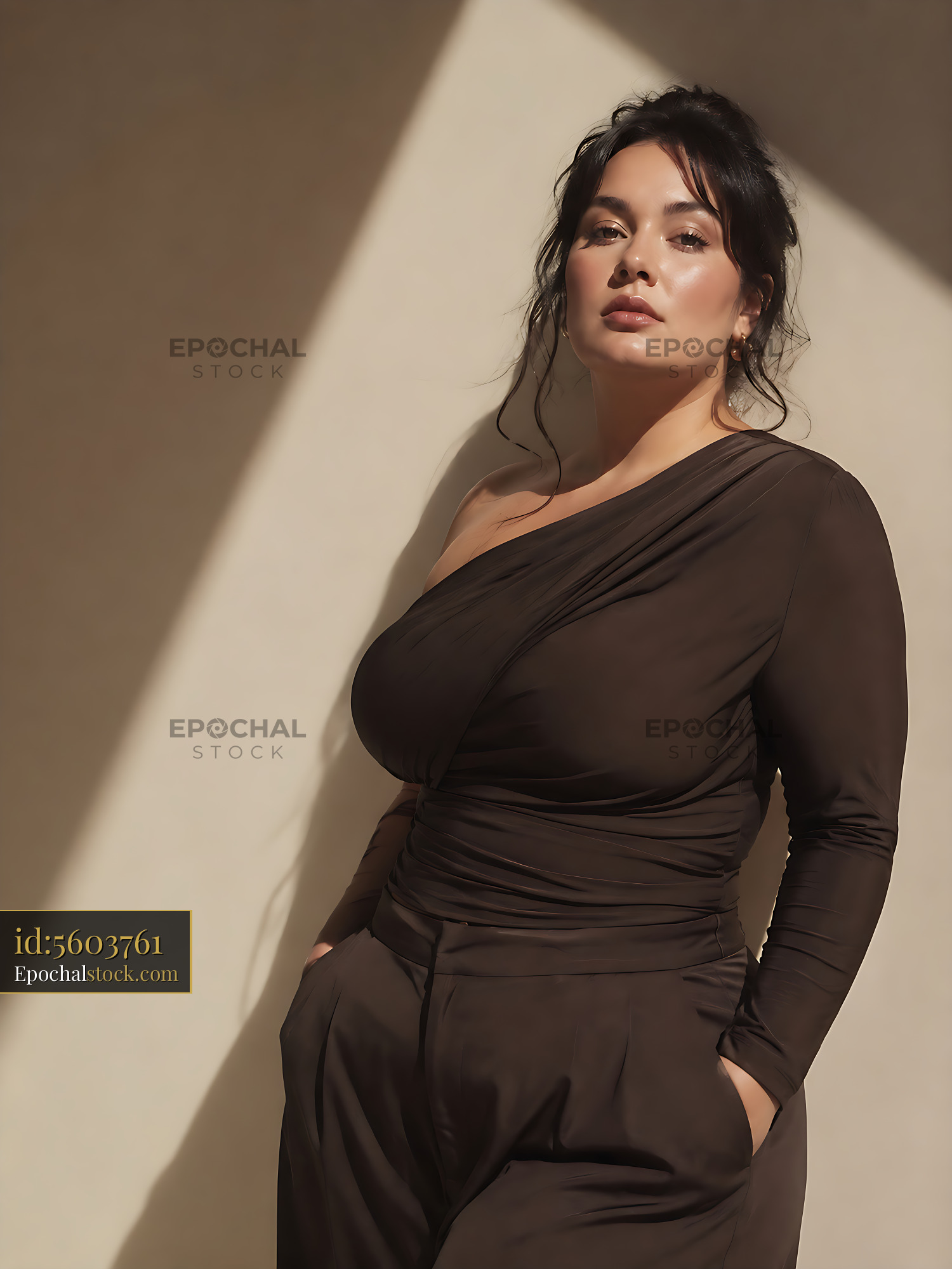 Watermarked full-resolution preview of Woman posing in a brown outfit against a beige wall
