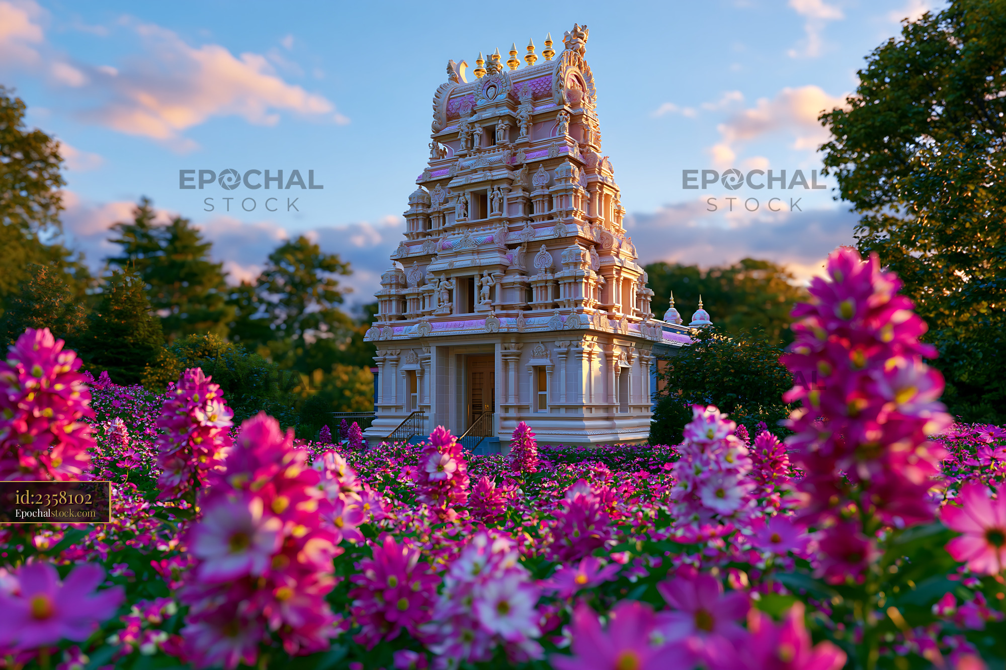 Watermarked full-resolution preview of Temple surrounded by flowers in a garden at sunset