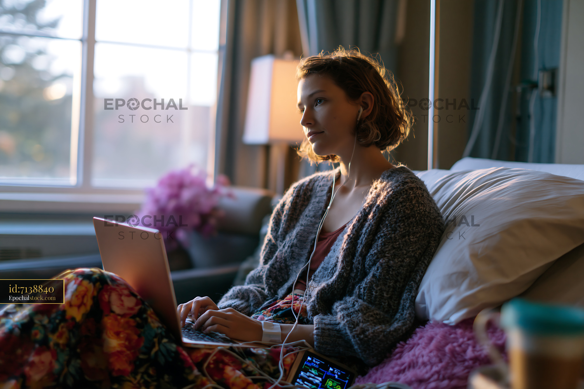 Watermarked full-resolution preview of Woman working on a laptop while sitting on a bed in a cozy room