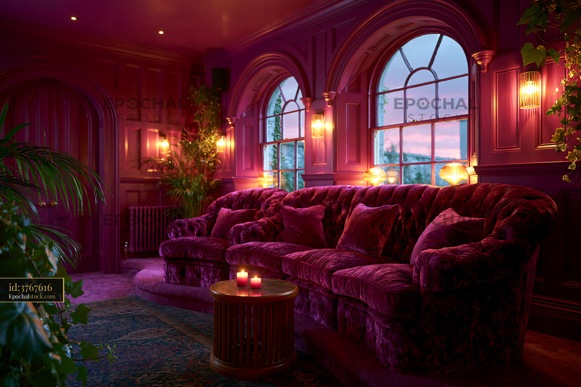 Velvet Seating in a Home Cinema With Warm Lighting at Sunset - stock photo