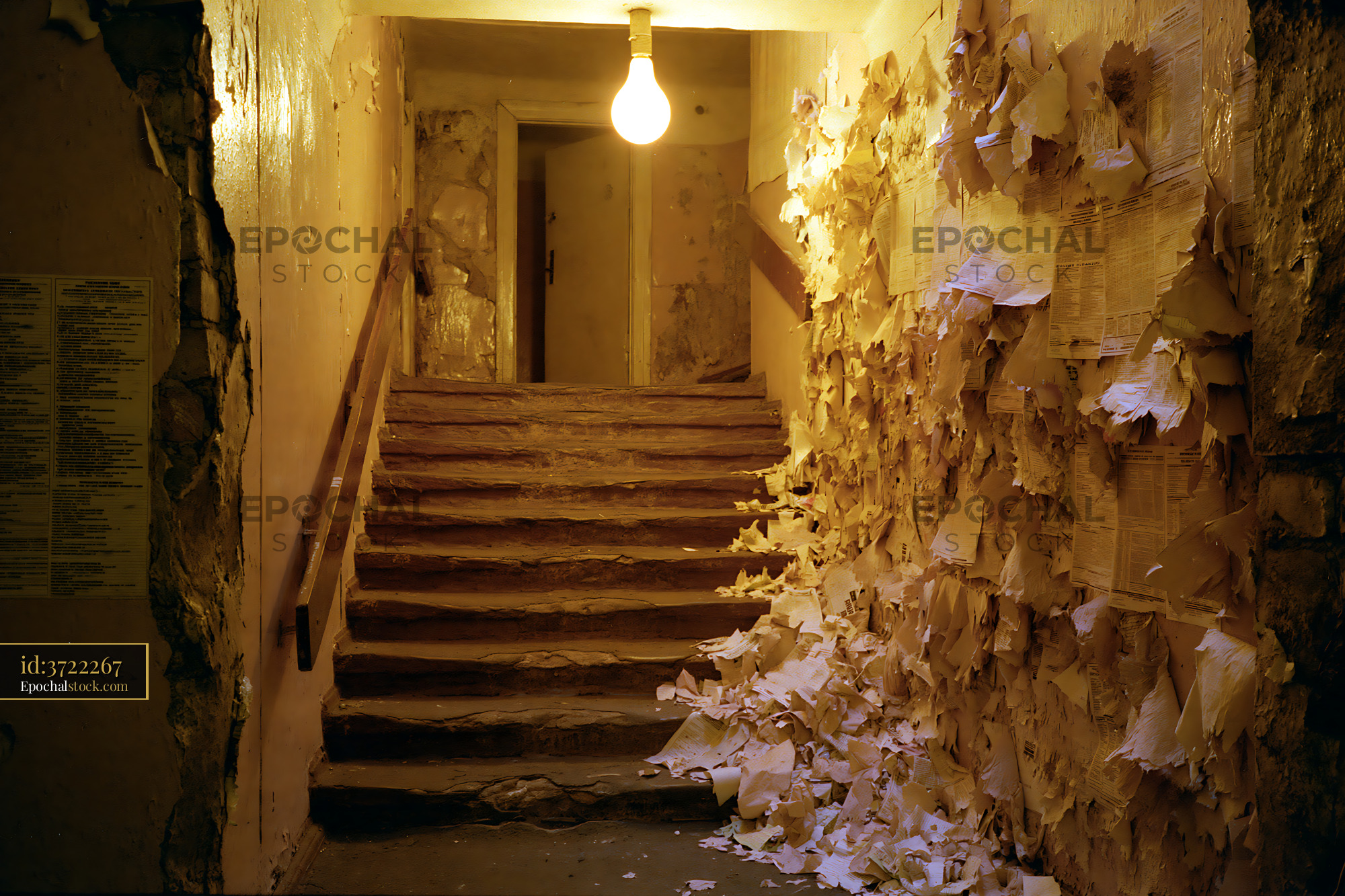 Watermarked full-resolution preview of Stairs with peeling paper in a dimly lit hallway