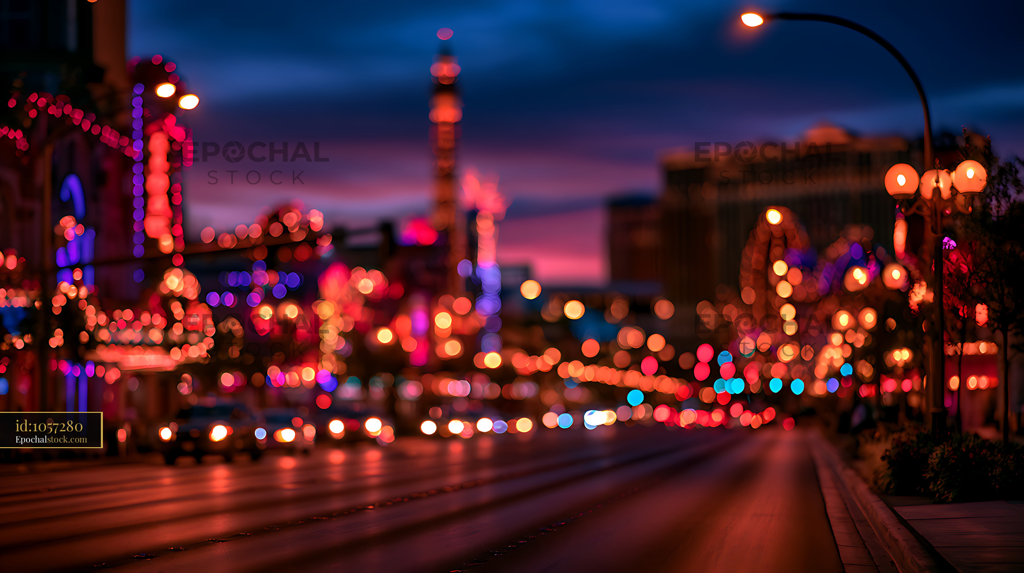 Watermarked full-resolution preview of Colorful urban bokeh street at twilight