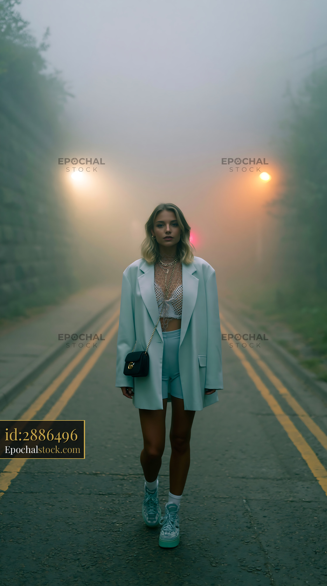 Woman in Oversized Blazer and Bike Shorts Walking in Foggy Street - stock photo