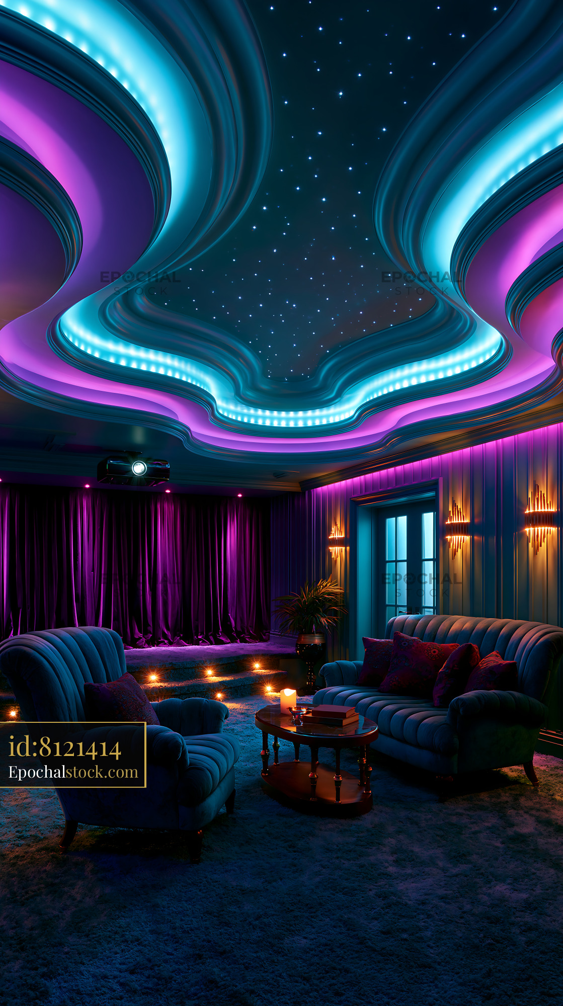 Watermarked full-resolution preview of Cozy indoor space with colorful lighting and comfortable seating