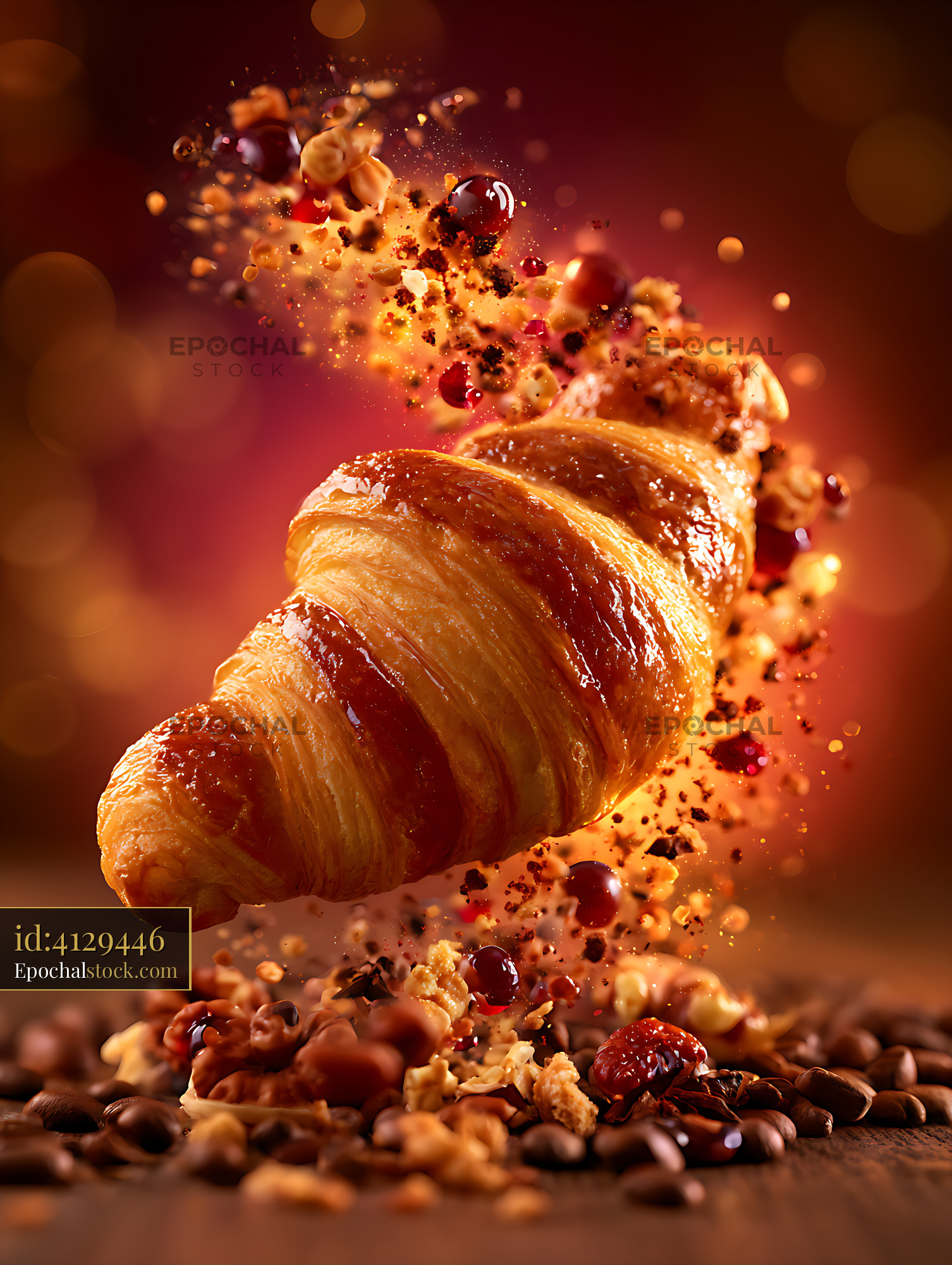 Watermarked full-resolution preview of Golden croissant with airborne nuts and dried fruit
