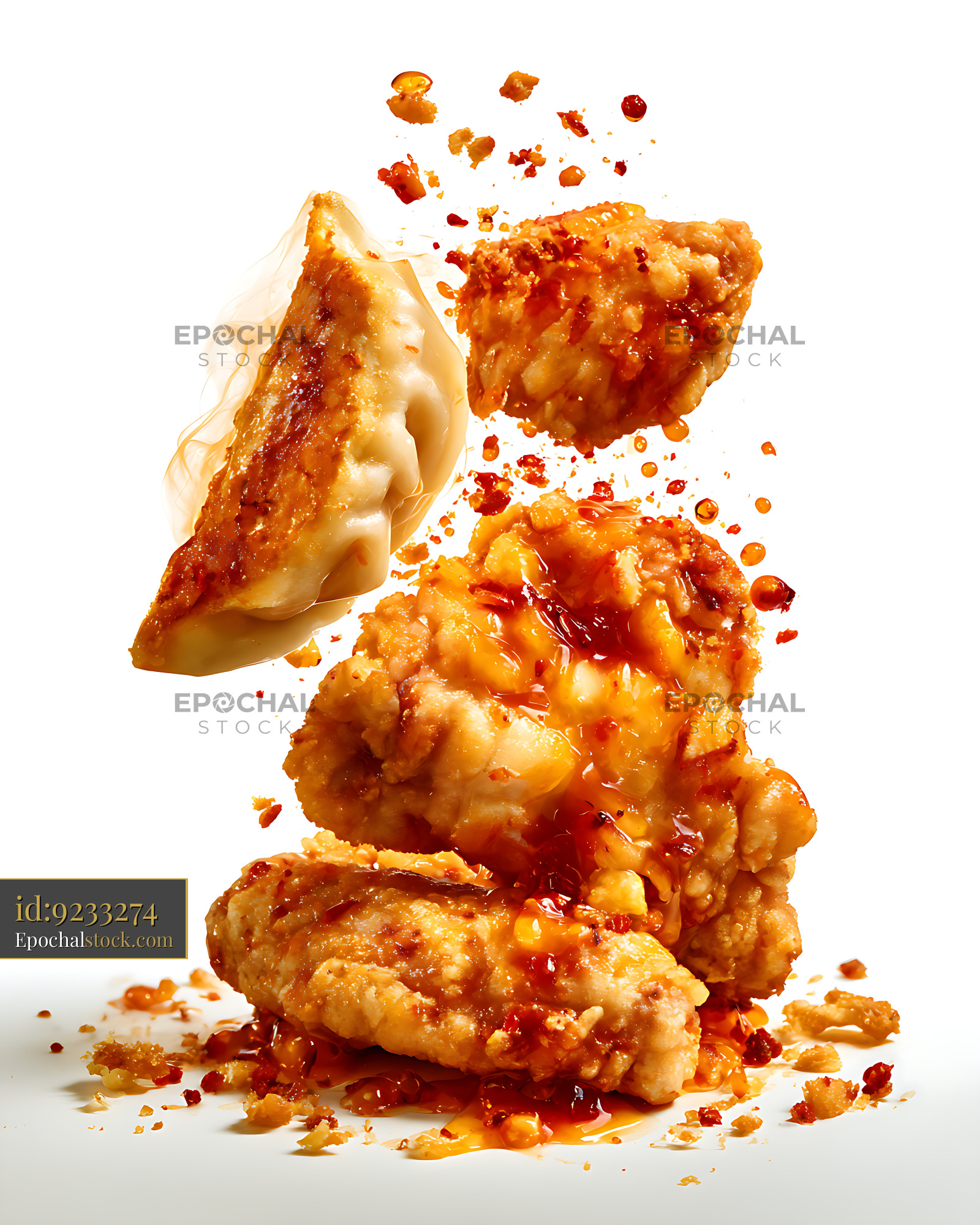 Watermarked full-resolution preview of Golden fried dumplings covered in chili sauce