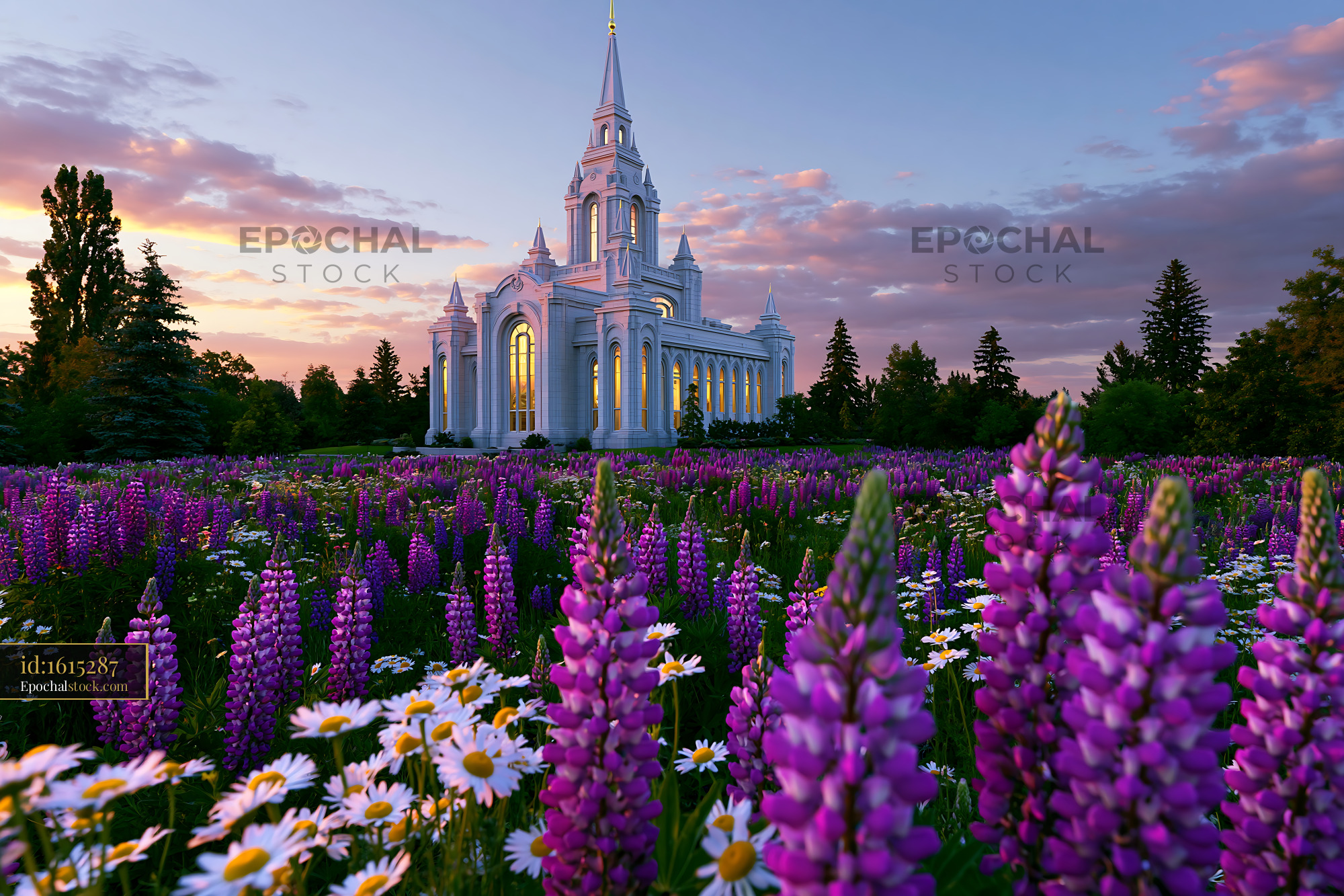 Watermarked full-resolution preview of Flowers surround a church at sunset in a garden setting