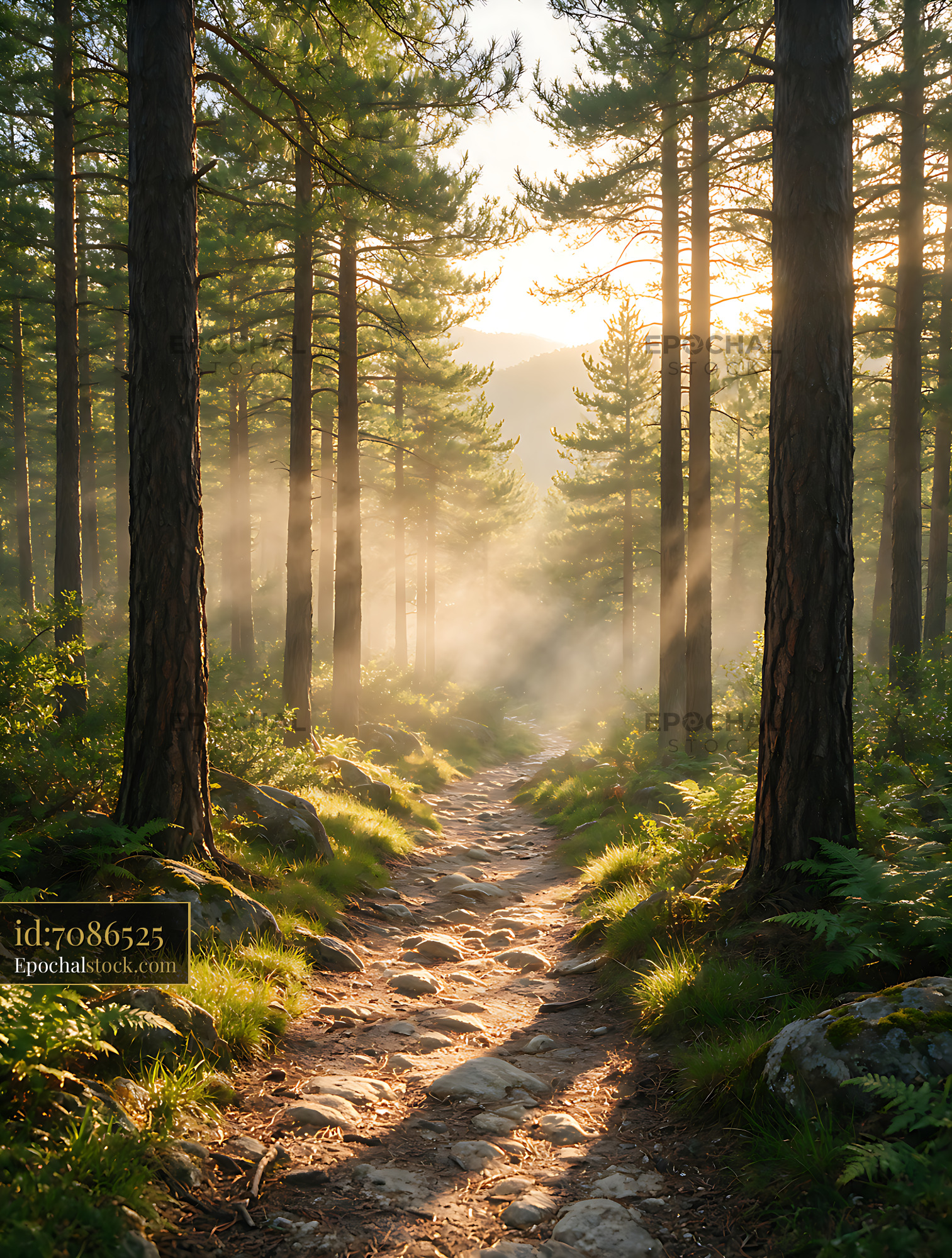 Watermarked full-resolution preview of Rocky Trail in a Sunlit Pine Forest