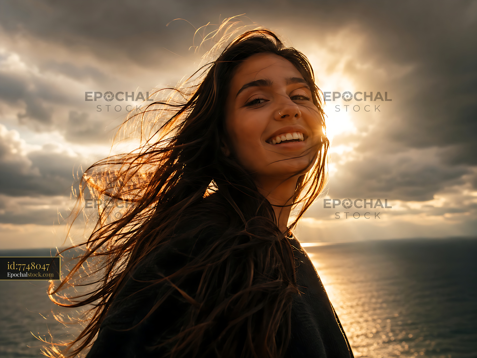 Watermarked full-resolution preview of Woman standing near ocean with sunset in background