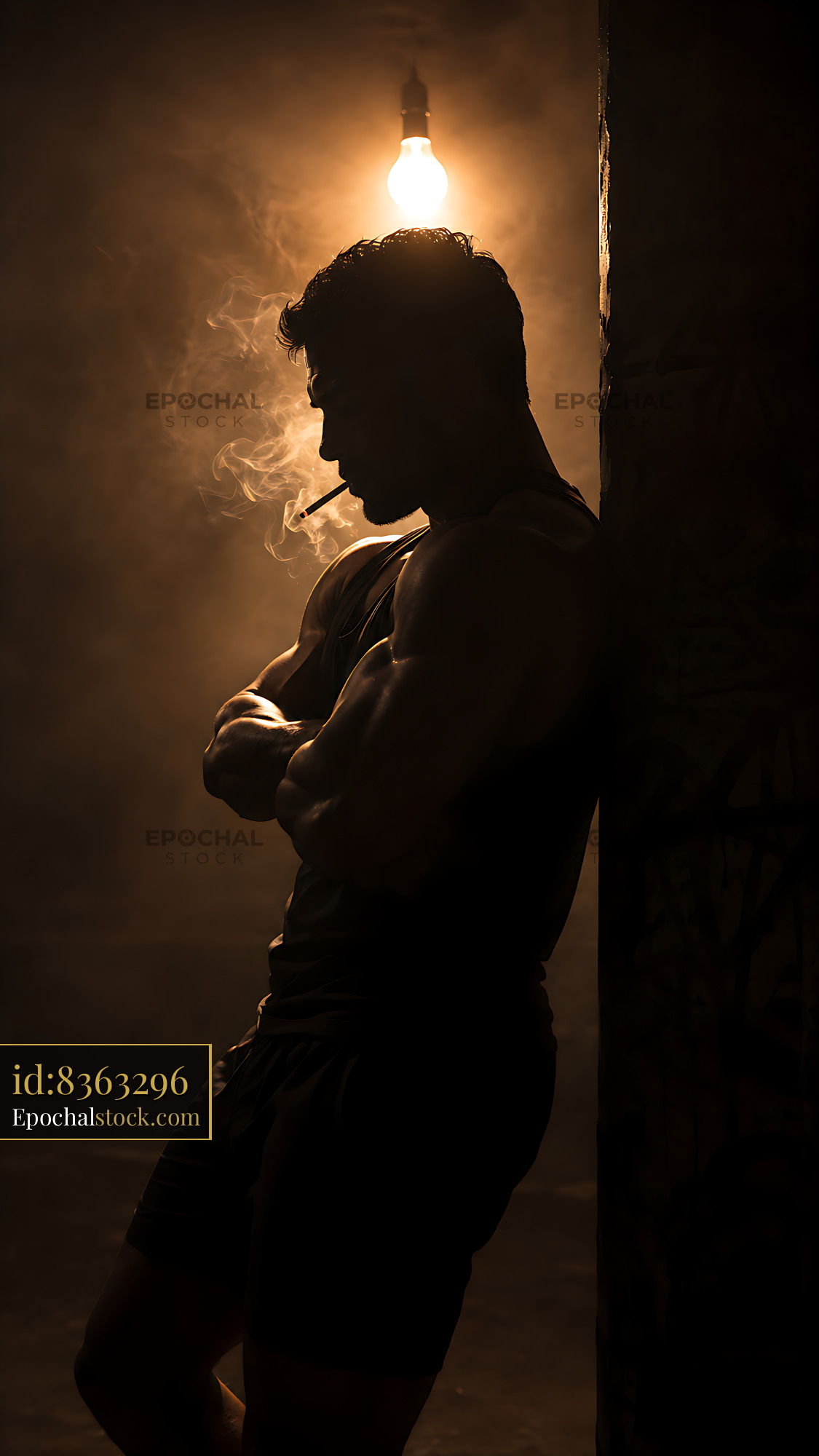 Silhouette of a Man Smoking Near a Light Source - stock photo