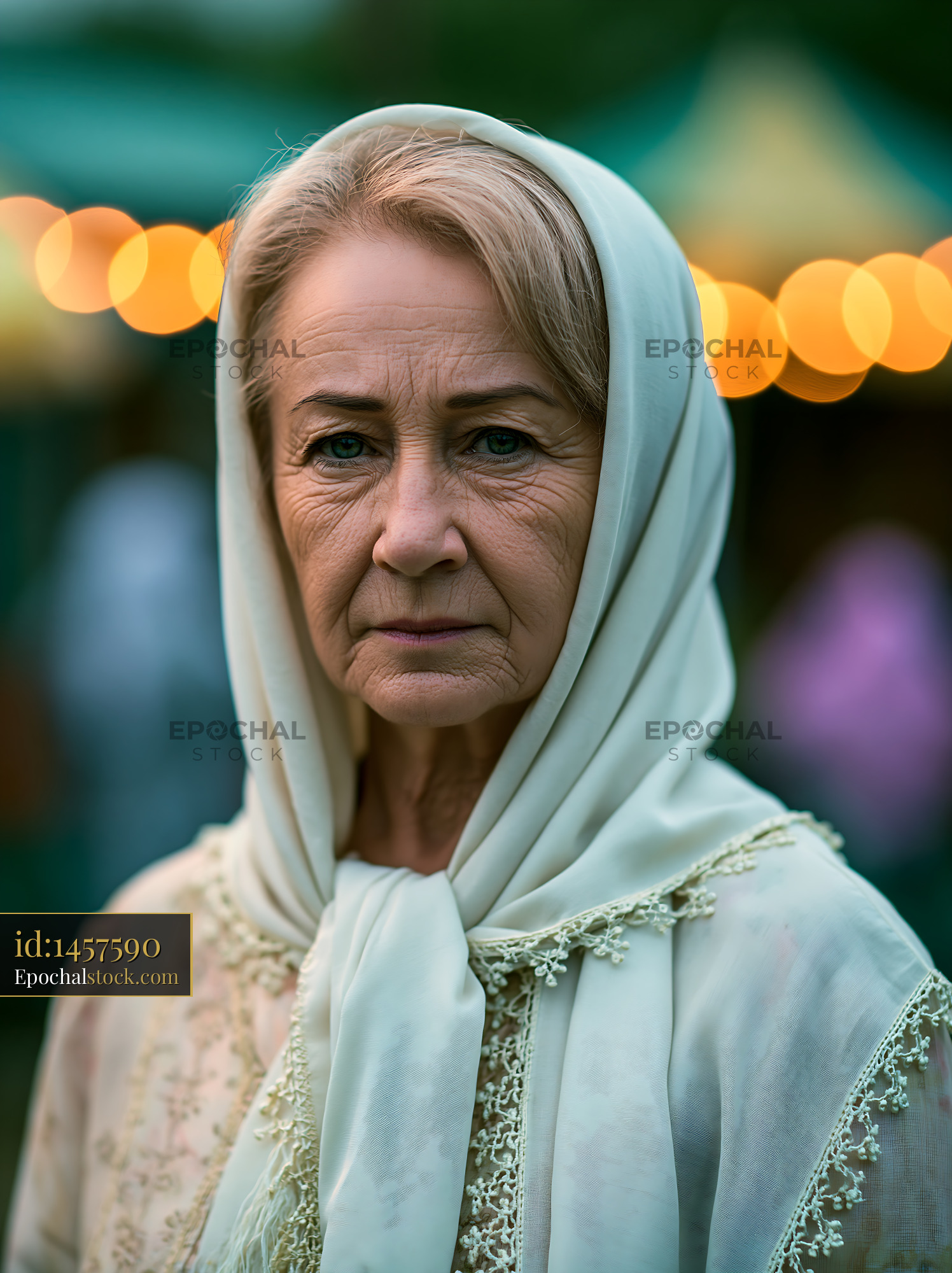 Woman in Headscarf Gazes at Camera During Outdoor Event - stock photo