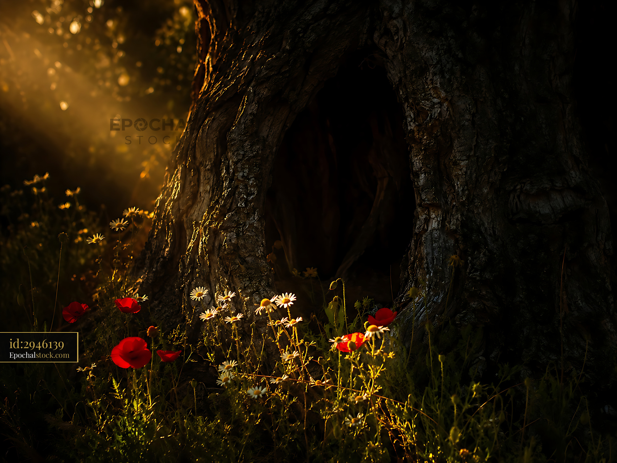 Watermarked full-resolution preview of Light filtering through tree trunk in forest with wildflowers