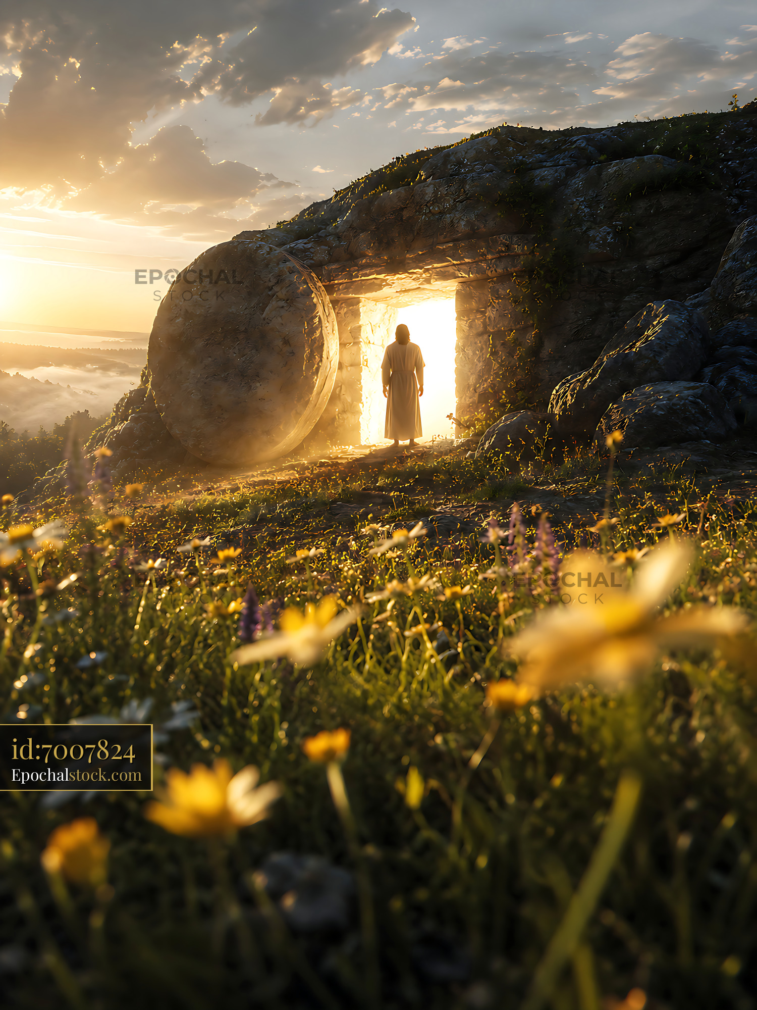 Watermarked full-resolution preview of Person standing at the entrance of a cave during sunset