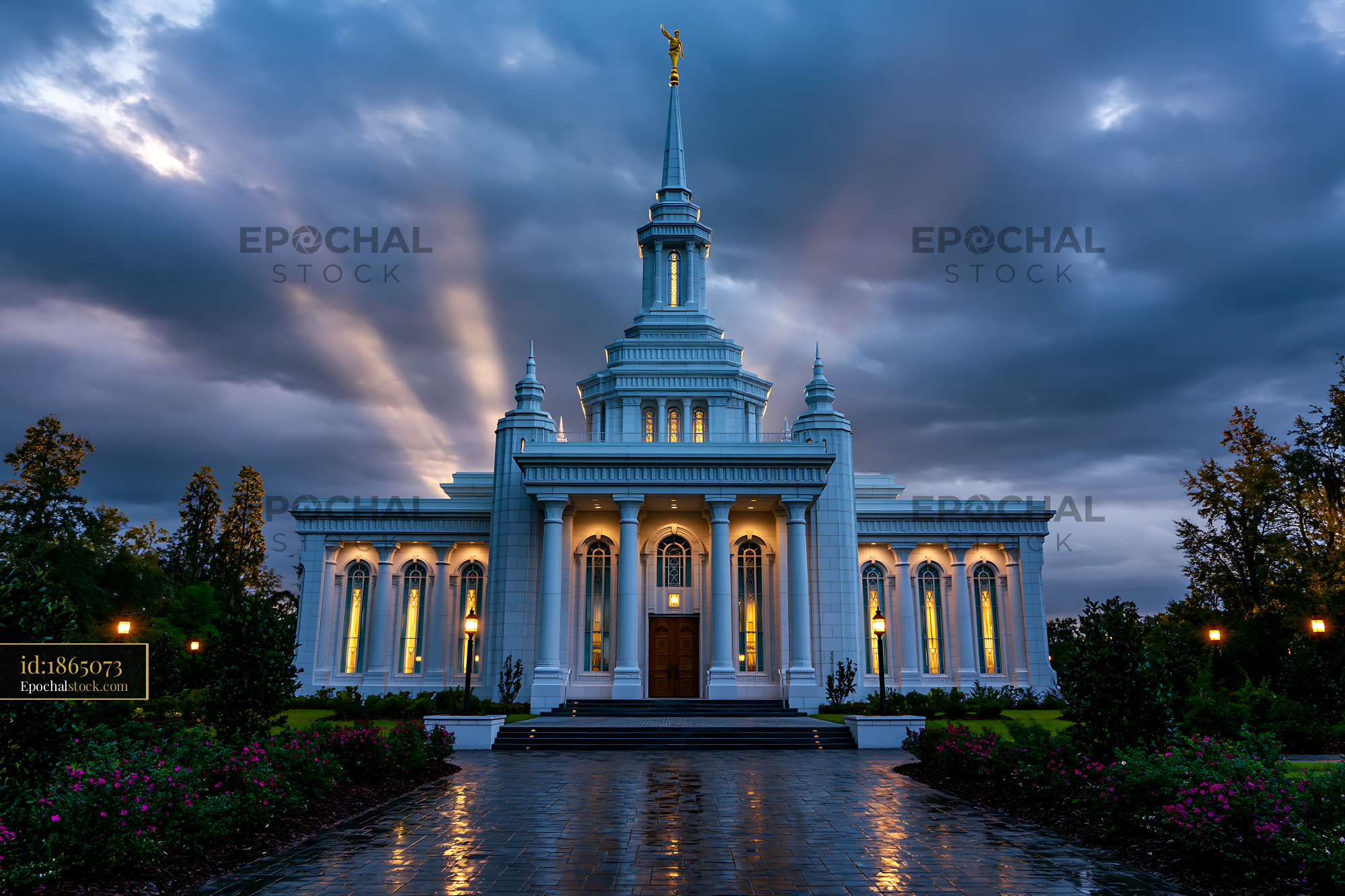 Watermarked full-resolution preview of Beautiful temple against a cloudy sky during twilight hours