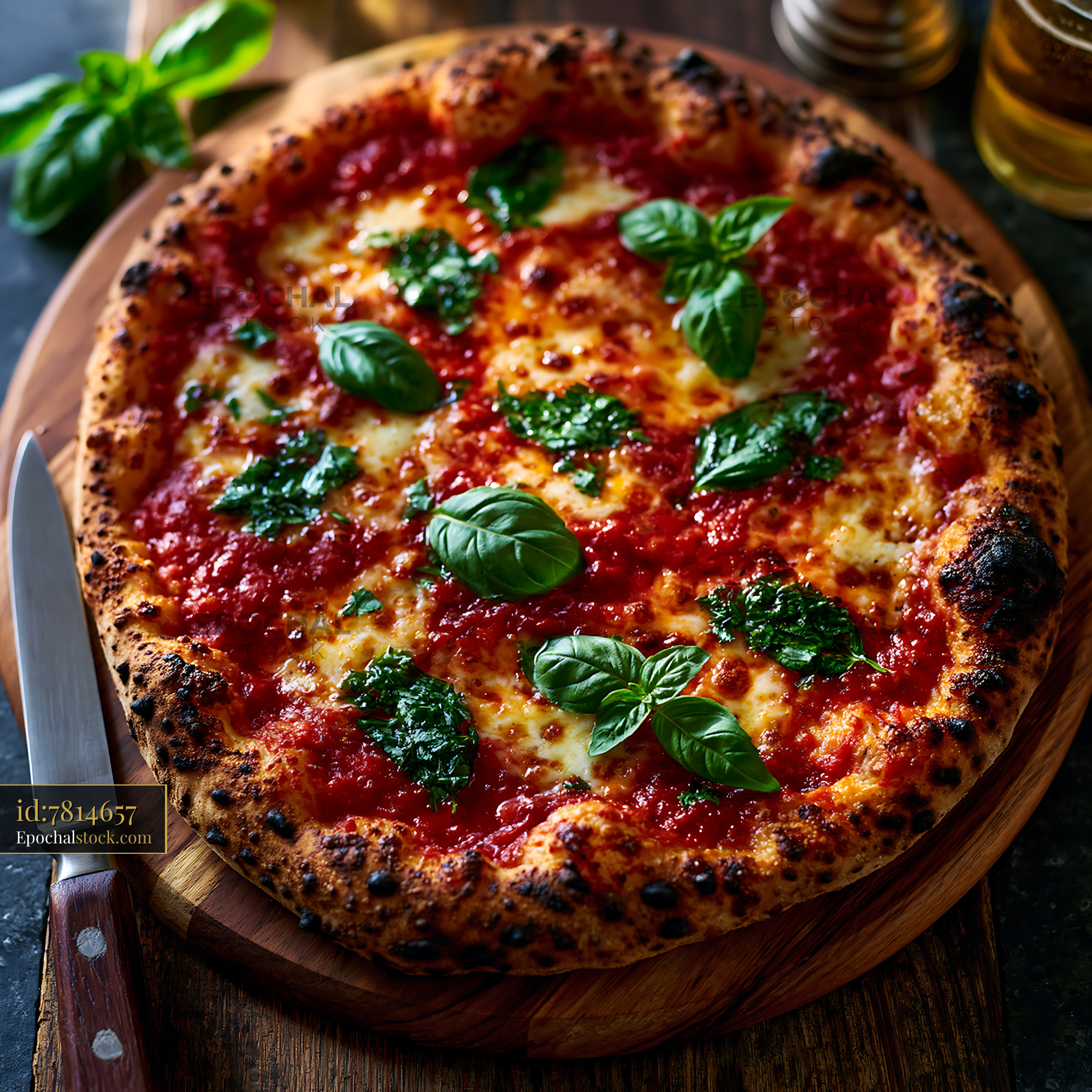 Watermarked full-resolution preview of Freshly baked pizza with basil leaves on a wooden serving board