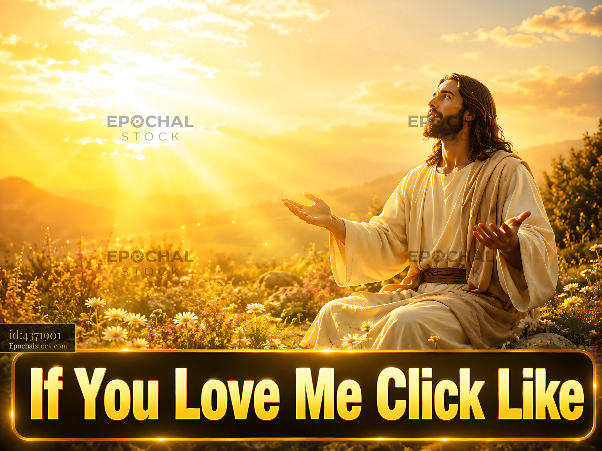 Watermarked full-resolution preview of Jesus with open arms in a sunlit landscape