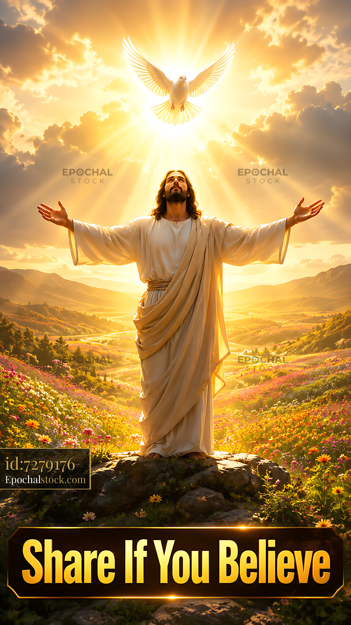 Watermarked full-resolution preview of Jesus with open arms in nature surrounded by light