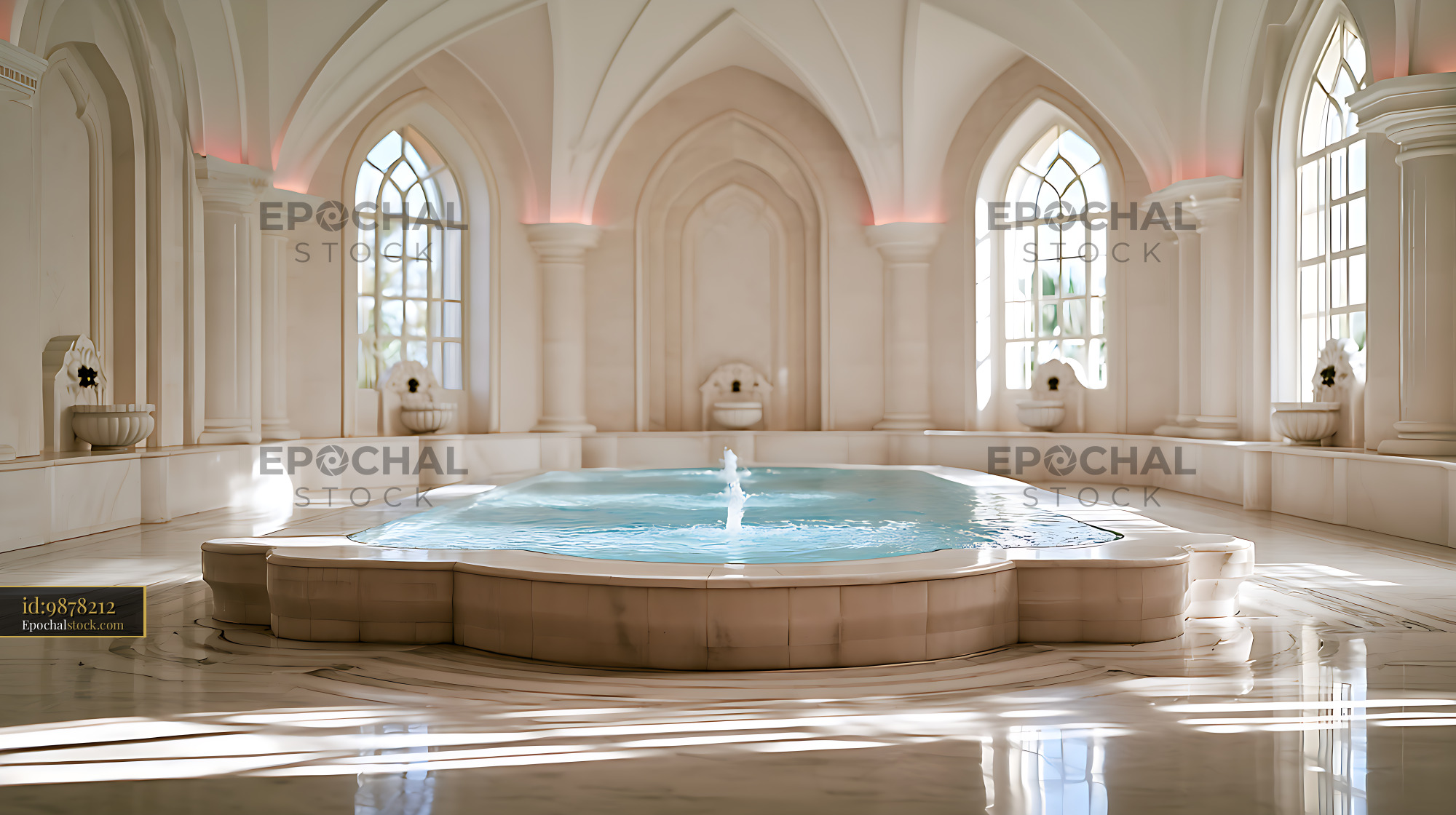 Watermarked full-resolution preview of Bright luxury indoor swimming pool with architectural details