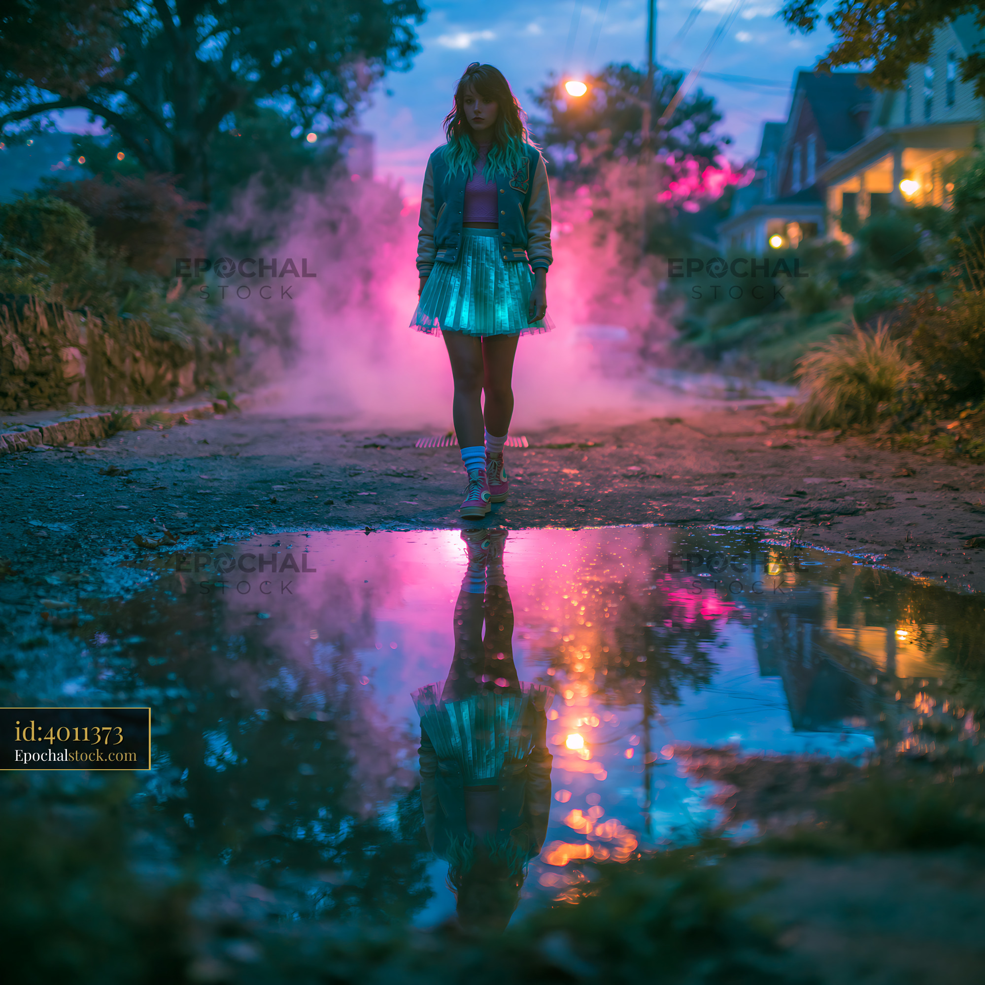 Watermarked full-resolution preview of Woman stands in street with colorful smoke and reflections at dusk
