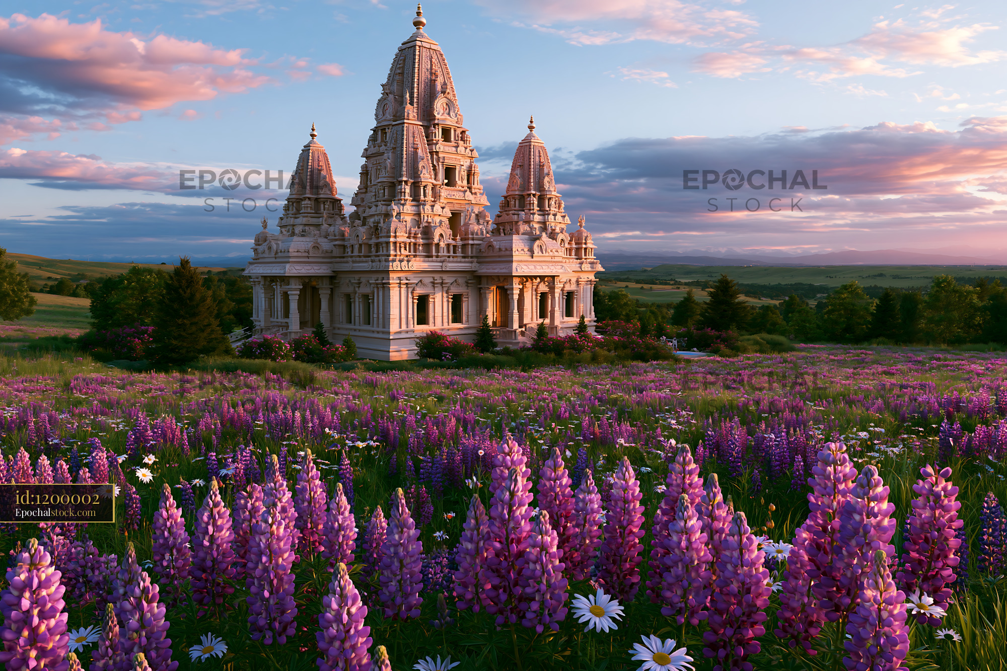 Watermarked full-resolution preview of Temple surrounded by purple flowers at sunset