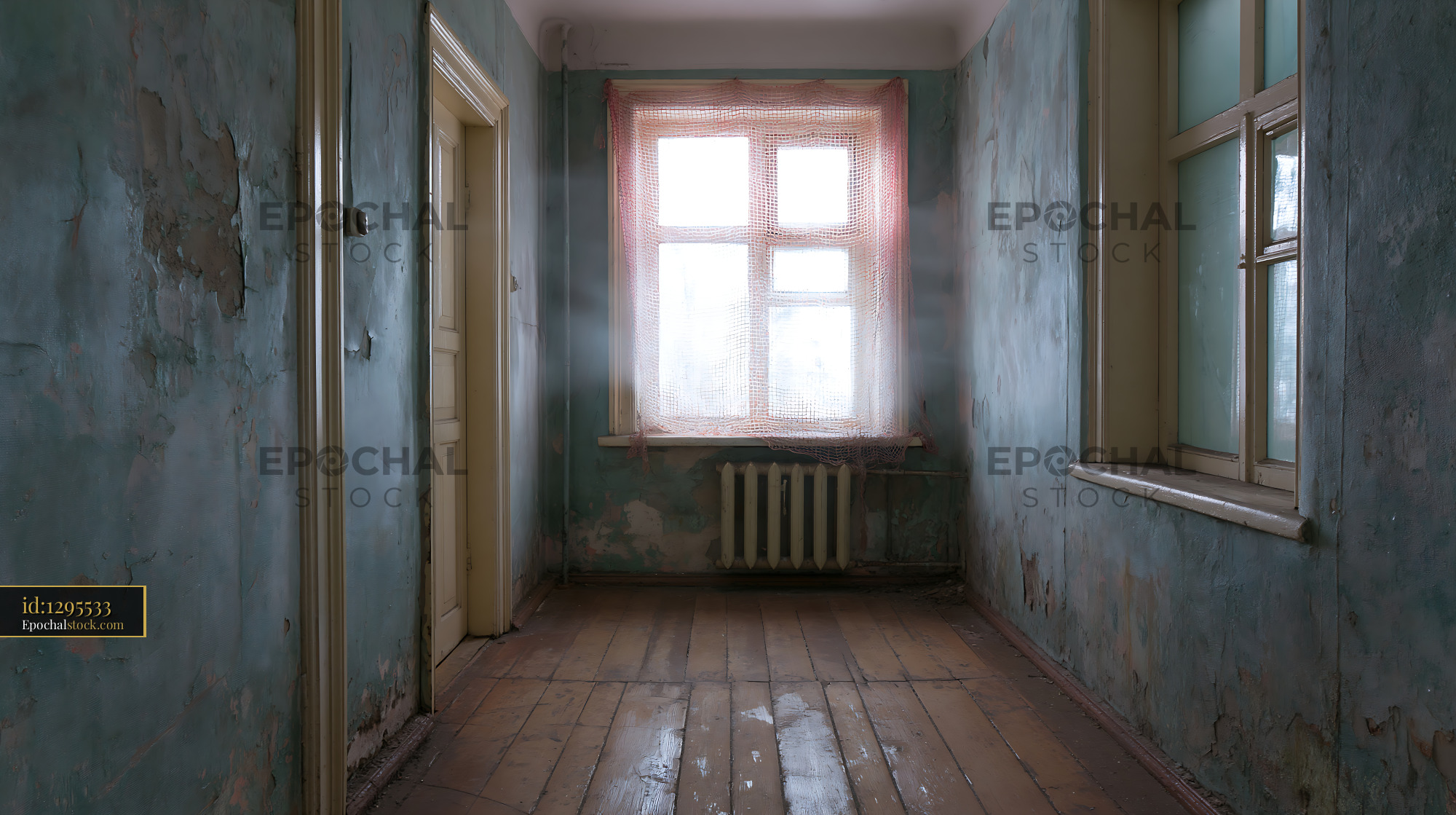 Watermarked full-resolution preview of Empty room with faded walls and a window overlooking a cloudy day