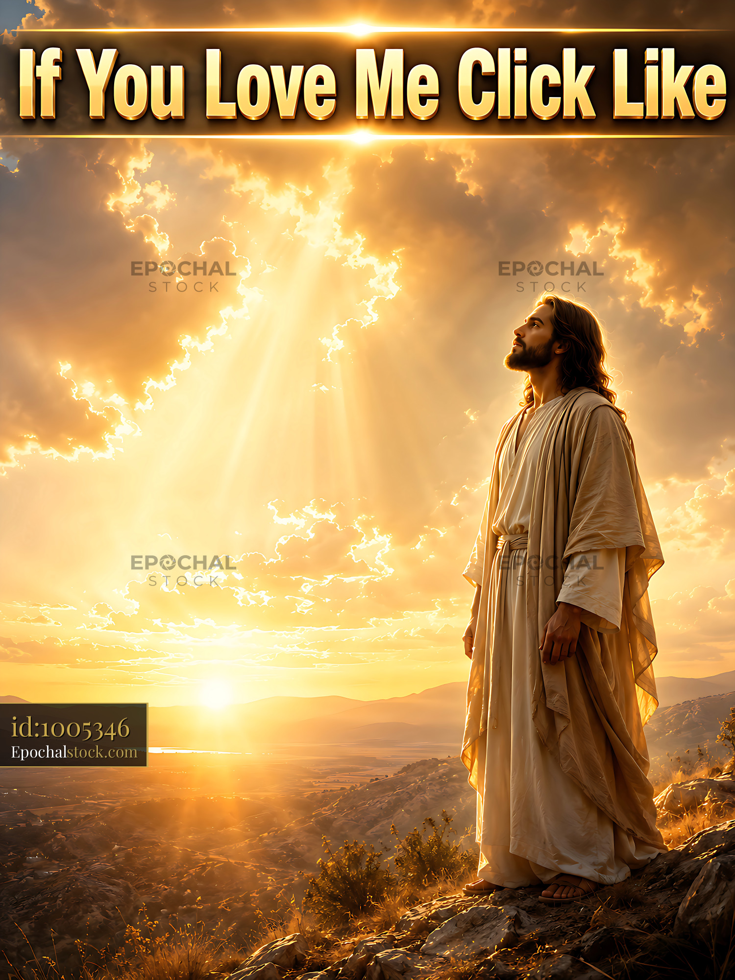 Watermarked full-resolution preview of Jesus stands on a mountain during sunset with dramatic clouds